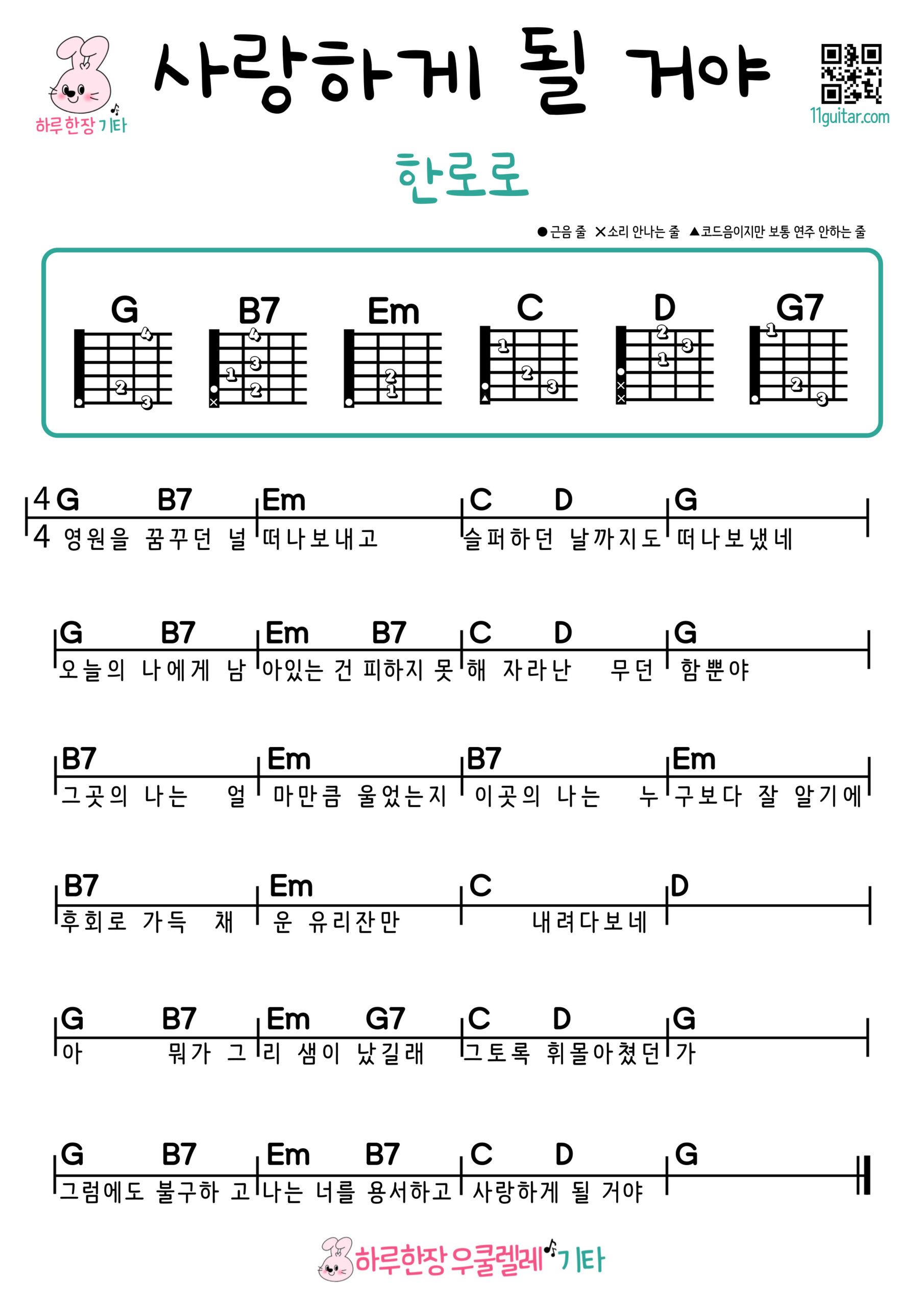 사랑하게 될 거야(한로로) Landing in Love(HANRORO) 기타 악보 쉬운곡 초보 코드 악보 Easy Guitar Chords for Beginners – Free Sheet Music