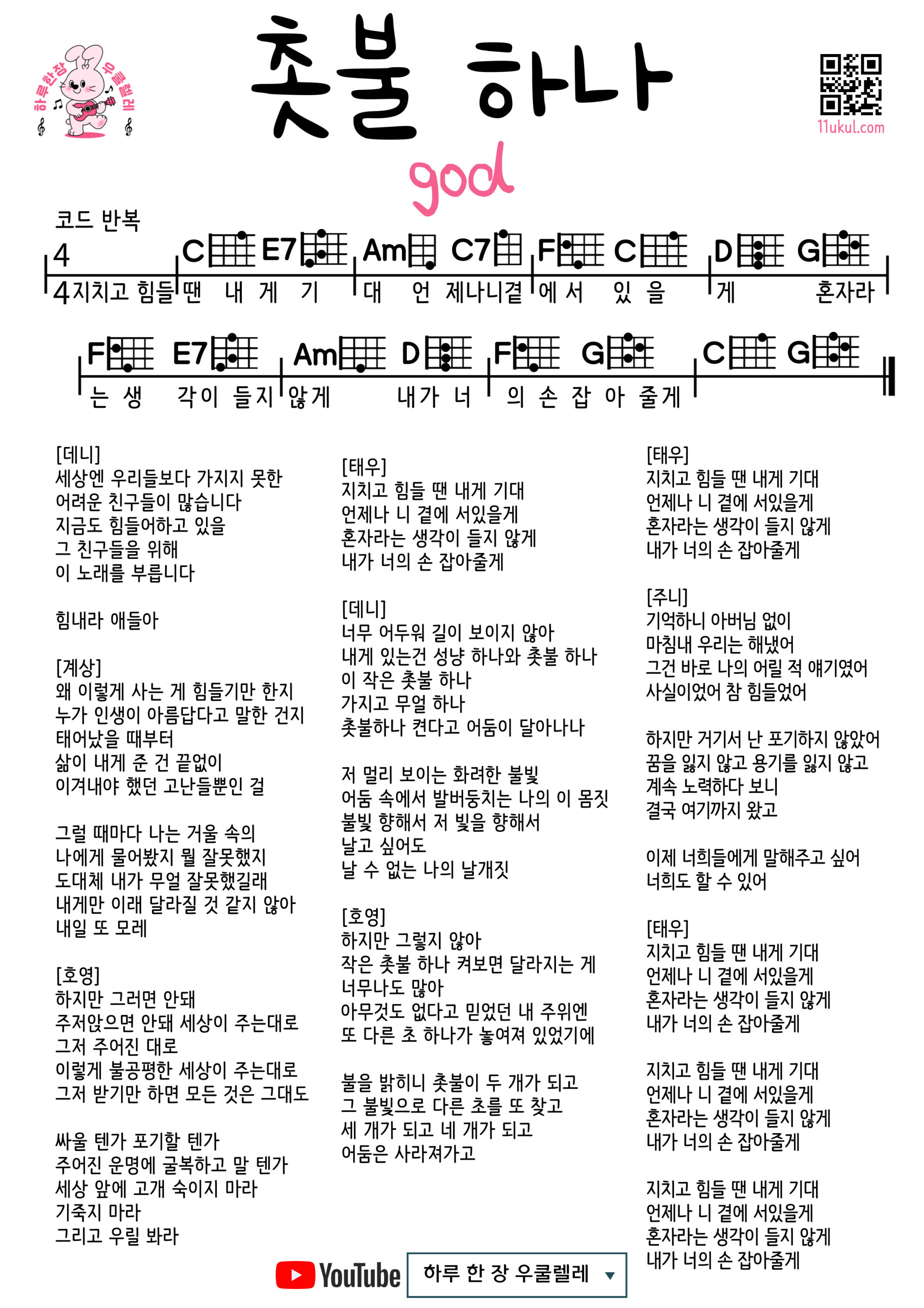 촛불 하나(god) One Candle(지오디) 우쿨렐레 코드 악보 초보 쉬운곡 Easy Ukulele Chords for Beginners – Free Sheet Music