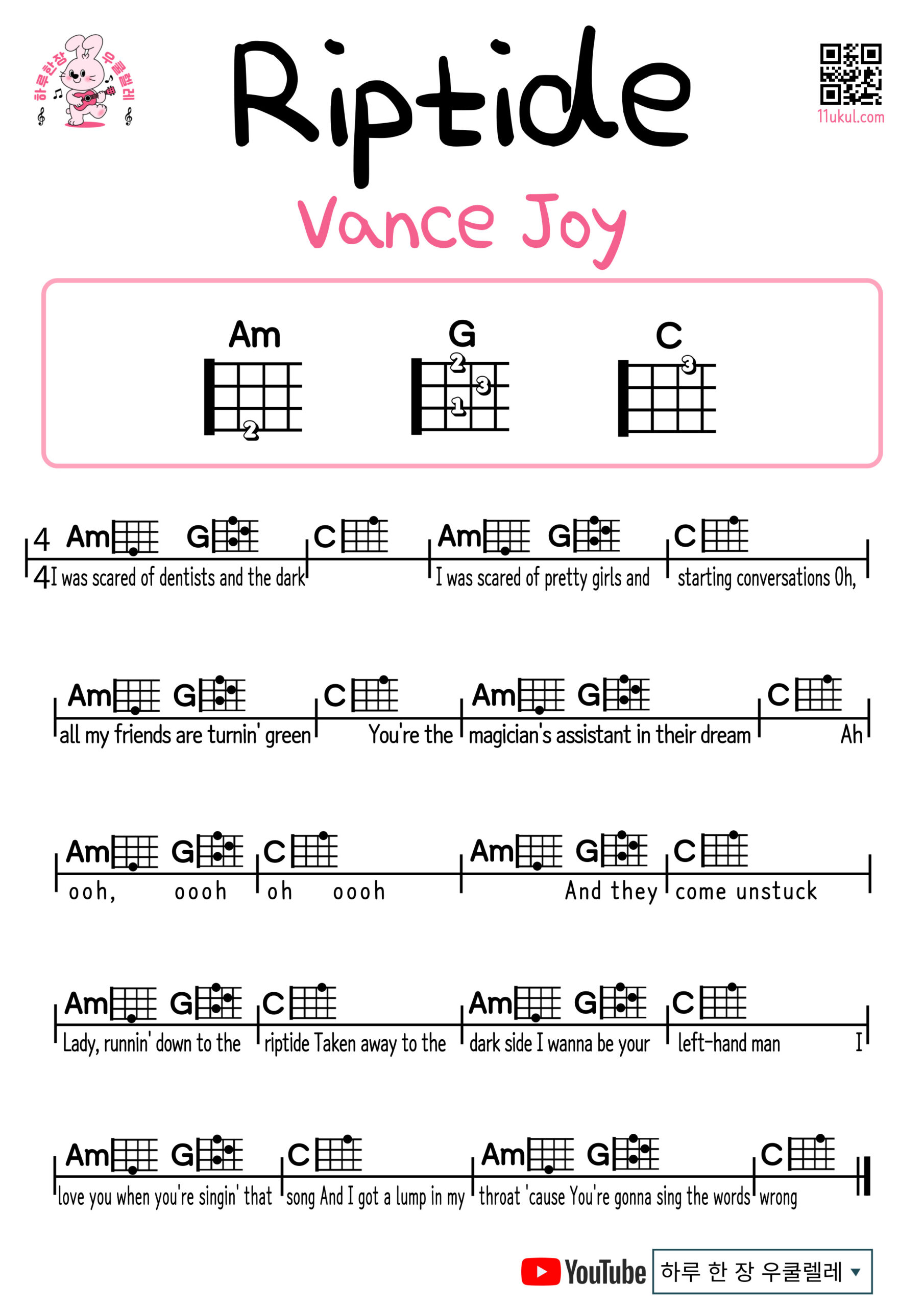 Riptide(Vance Joy) Easy Guitar Chord Sheets Collection | Free Download & Beginner-Friendly Songs 우쿨렐레 쉬운곡 초보 코드 악보