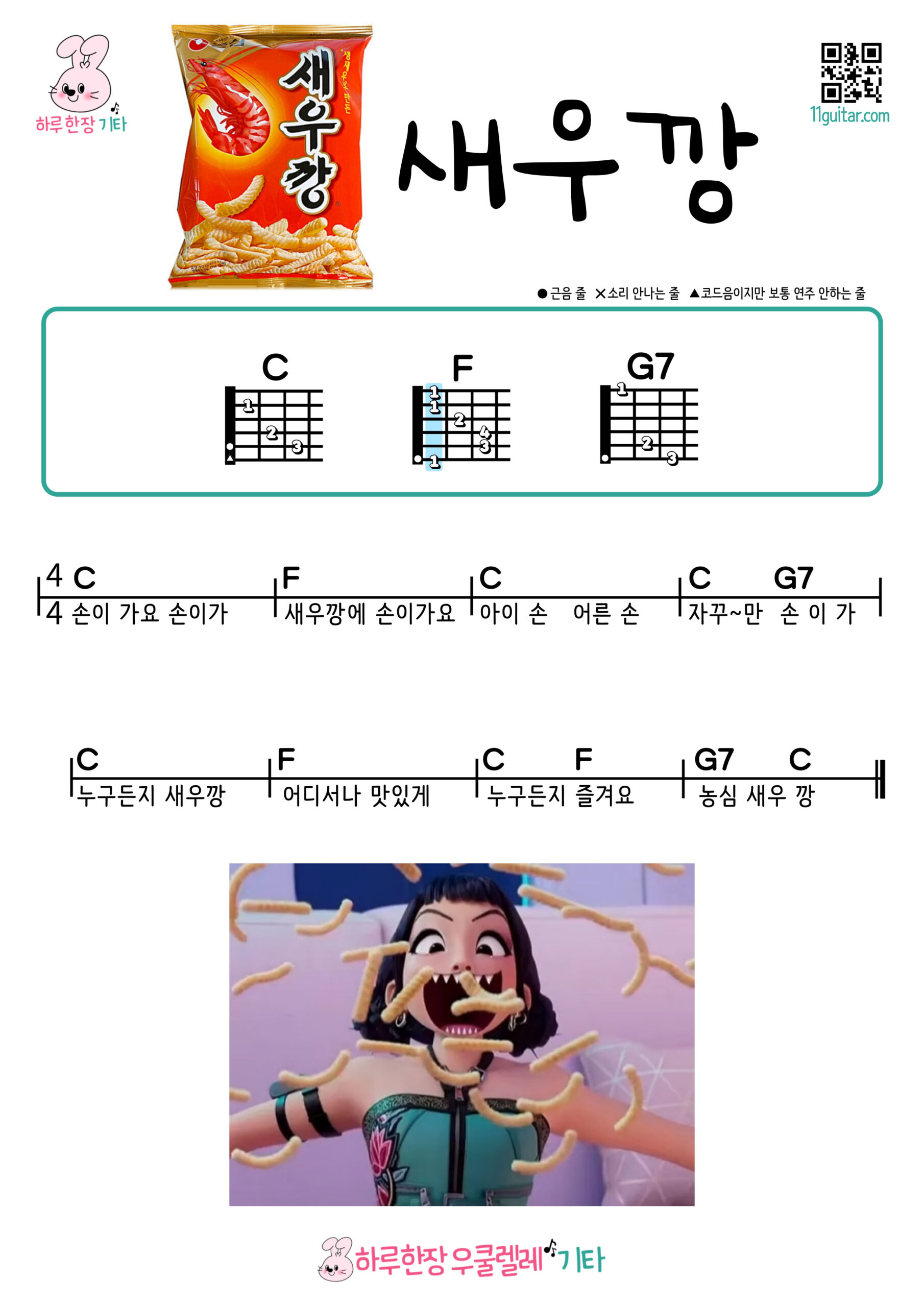 새우깡(광고CM송) Shrimp Chips (Commercial Jingle) 기타 코드 악보 쉬운곡 초보 Easy Guitar Chords for Beginners – Free Sheet Music