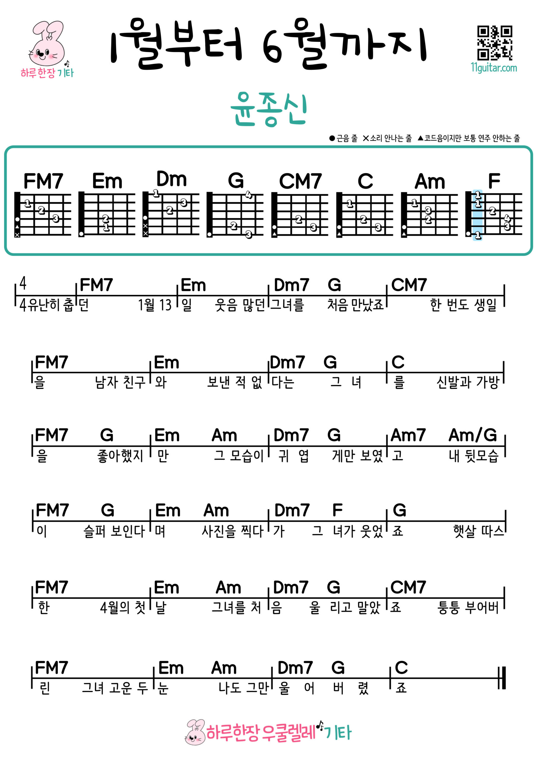 1월부터 6월까지(윤종신) 기타 코드 악보 초보 쉬운곡 From January to June (Yoon Jong-shin) Easy Guitar Chords for Beginners – K-pop Free Sheet Music