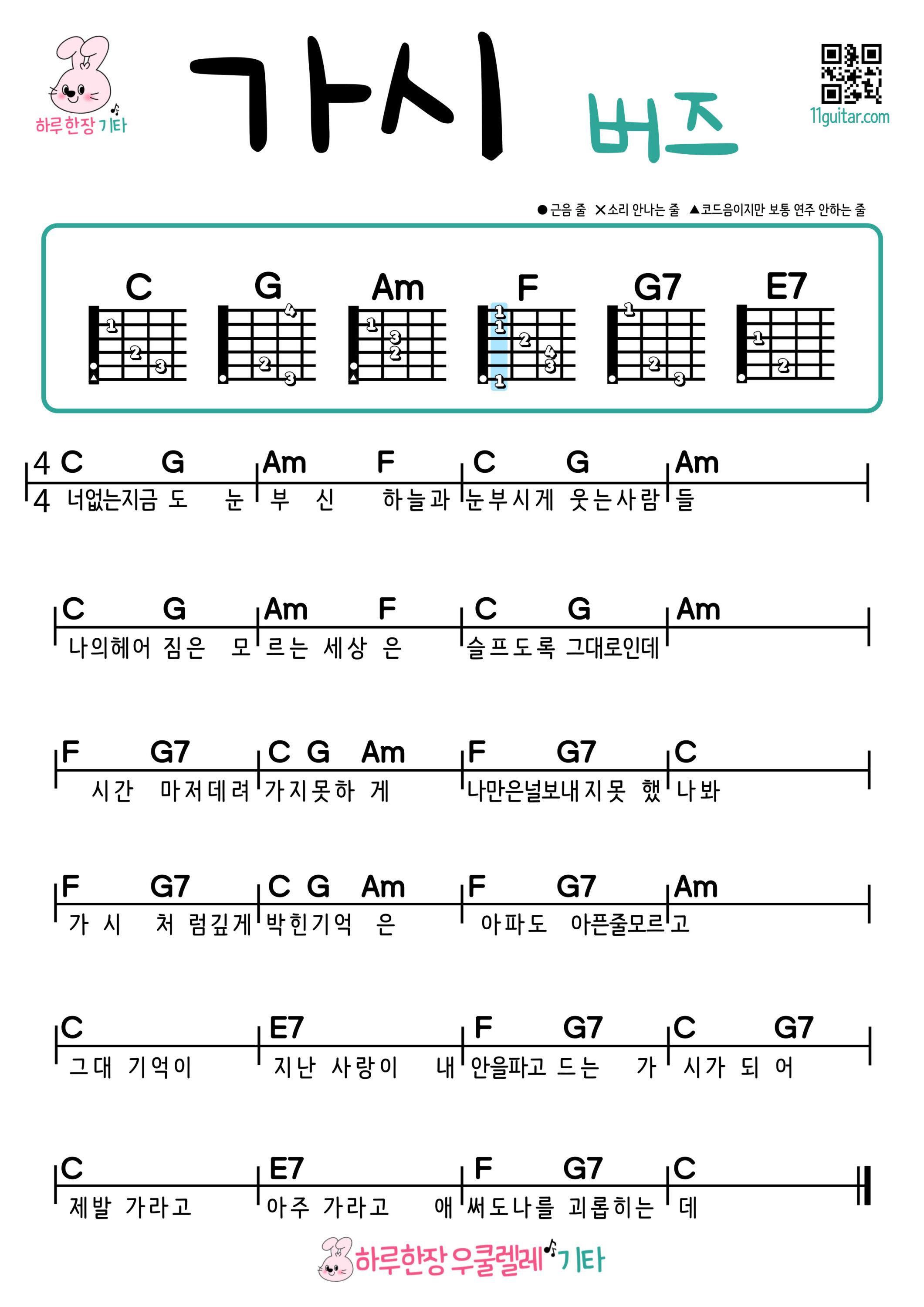 가시(버즈) 기타 코드 악보 초보 쉬운곡 Easy Guitar Chords for Beginners – K-pop Free Sheet Music