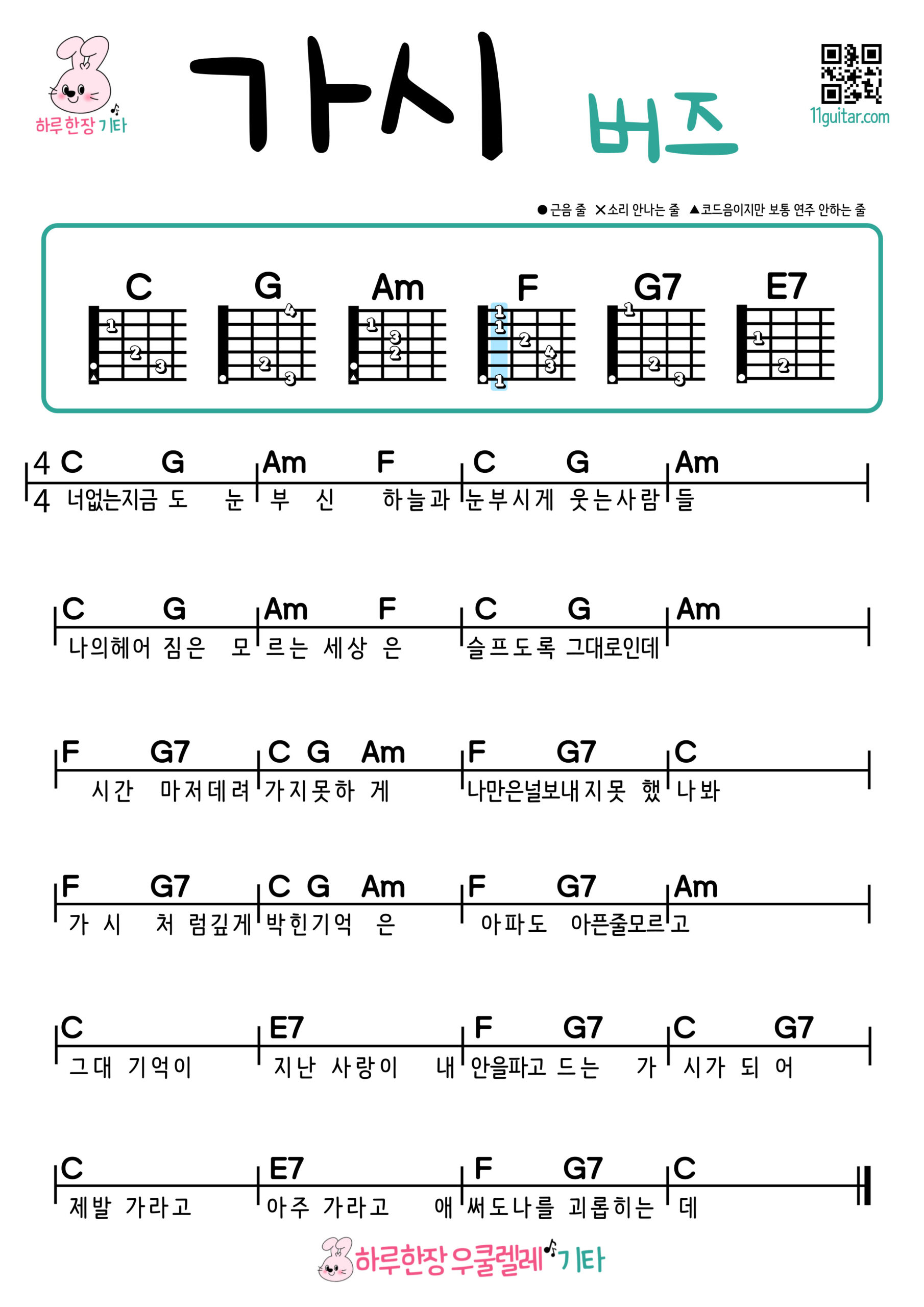 가시(버즈) 기타 코드 악보 초보 쉬운곡 Easy Guitar Chords for Beginners – K-pop Free Sheet Music