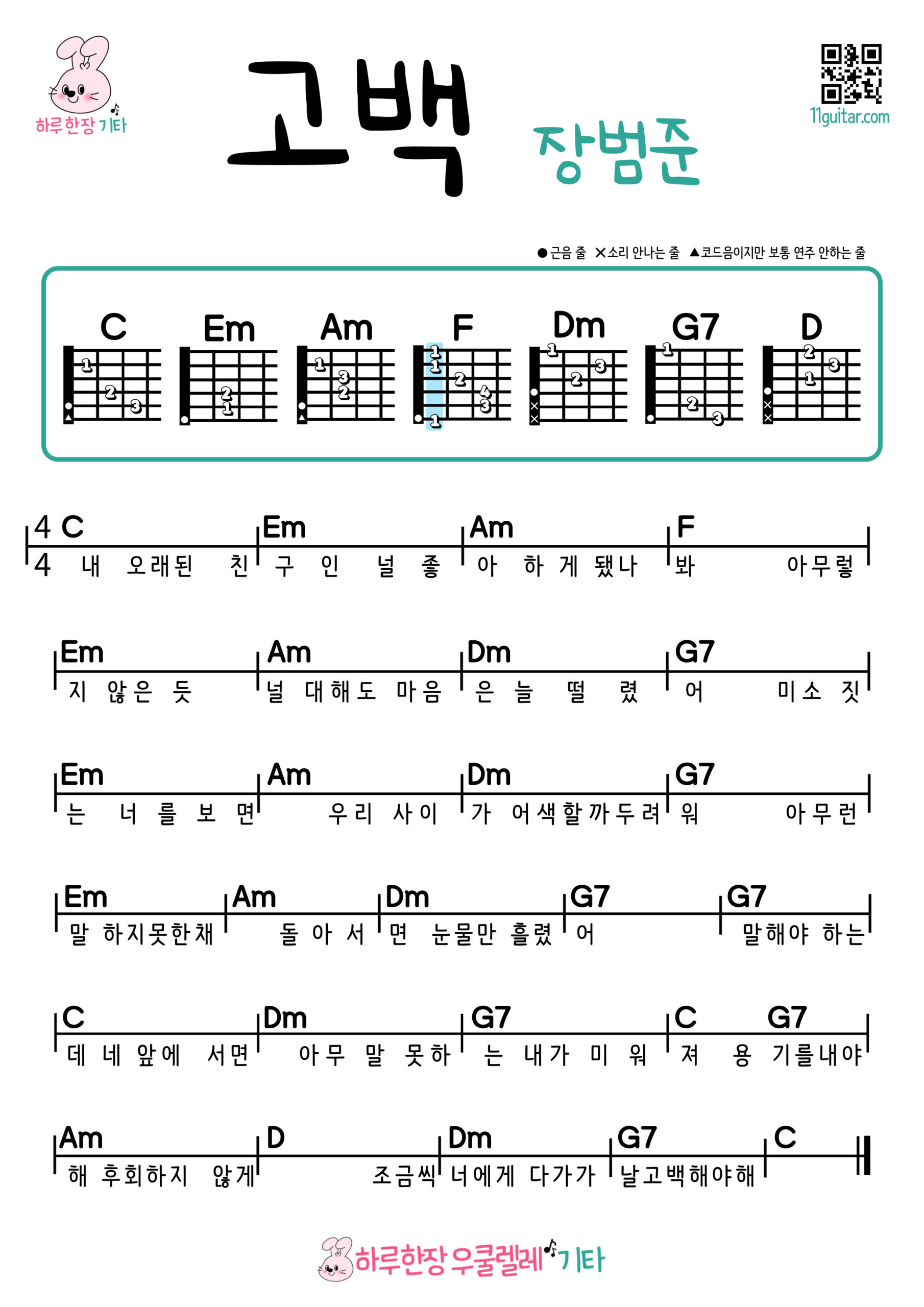고백(장범준) 기타 코드 악보 초보 쉬운곡 Confession (Jang Beom June) Guitar Easy Song Beginner Chords Sheet Music