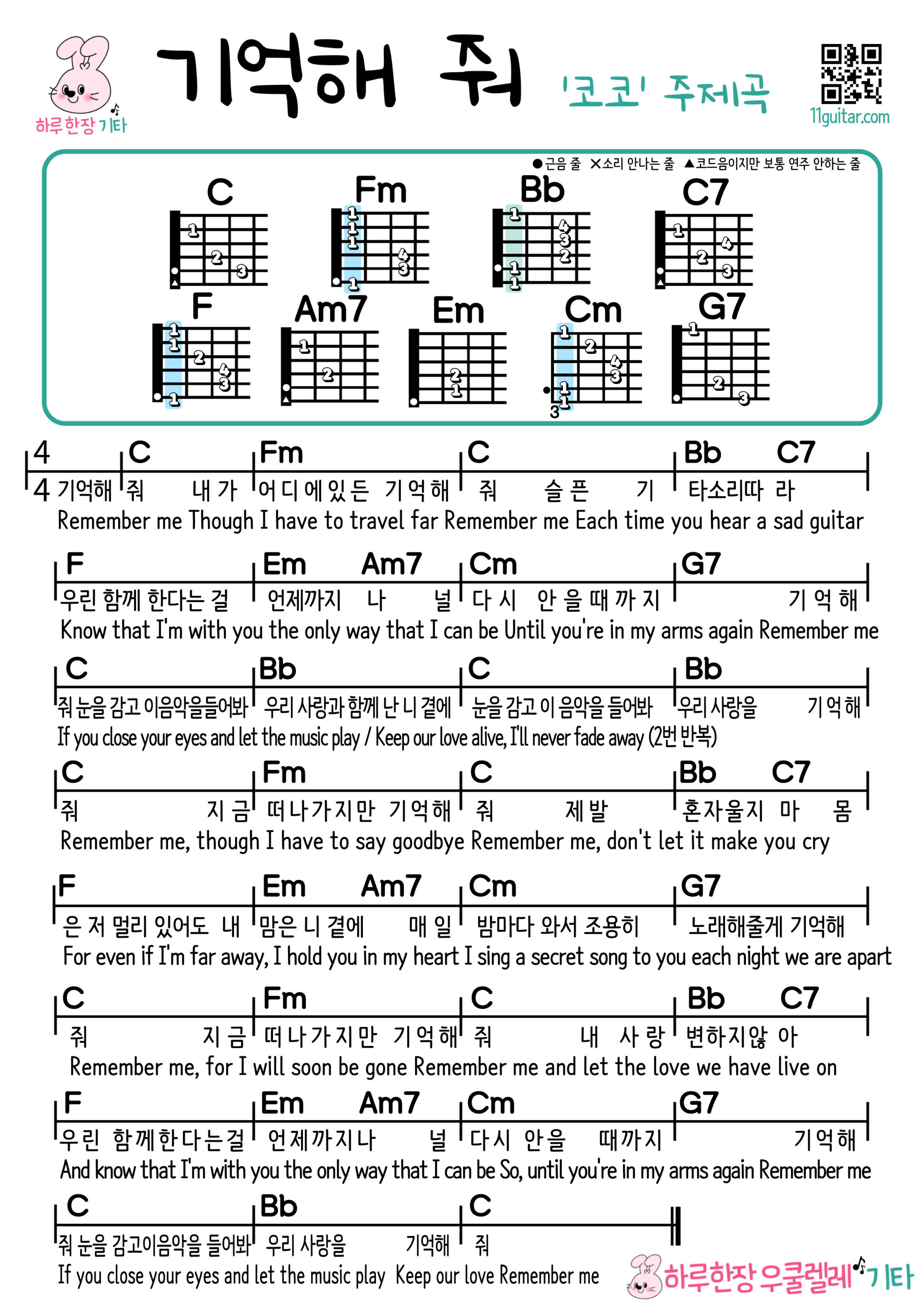기억해 줘(영화 코코 주제곡) 기타 코드 악보 쉬운곡 초보 (윤종신 버전) Remember Me (Coco Soundtrack) Guitar Easy Song Beginner Chords Sheet Music (Yoon Jong Shin Version)