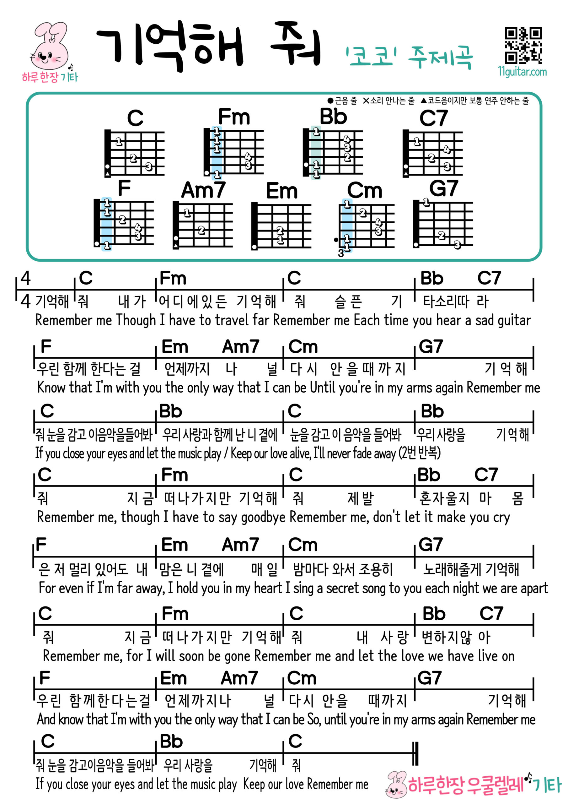 기억해 줘(영화 코코 주제곡) 기타 코드 악보 쉬운곡 초보 (윤종신 버전) Remember Me (Coco Soundtrack) Guitar Easy Song Beginner Chords Sheet Music (Yoon Jong Shin Version)