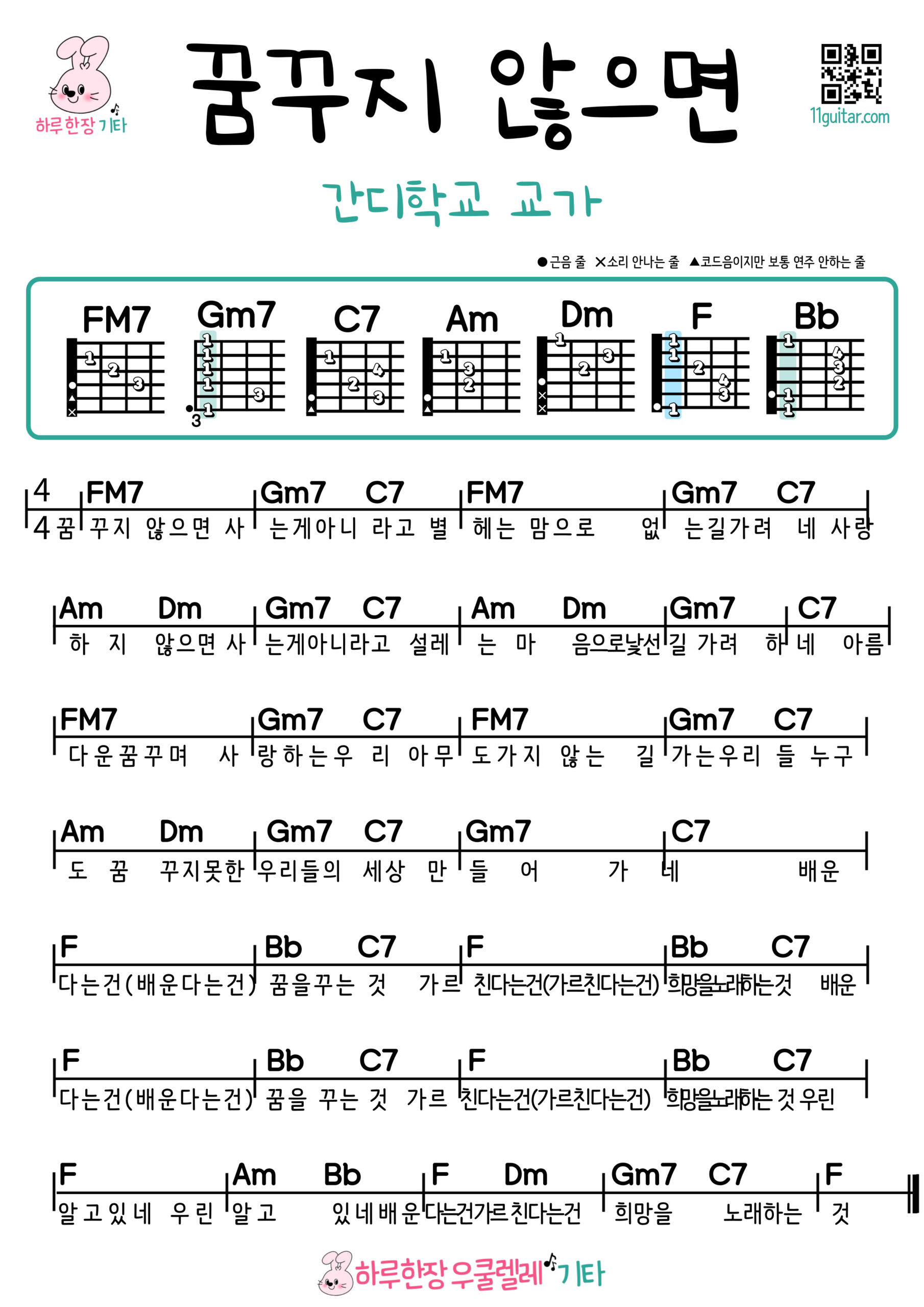 꿈꾸지 않으면(간디학교 교가) 기타 코드 악보 쉬운곡 초보 If You Don’t Dream (Gandhi School Anthem) Guitar Easy Song Beginner Chords Sheet Music