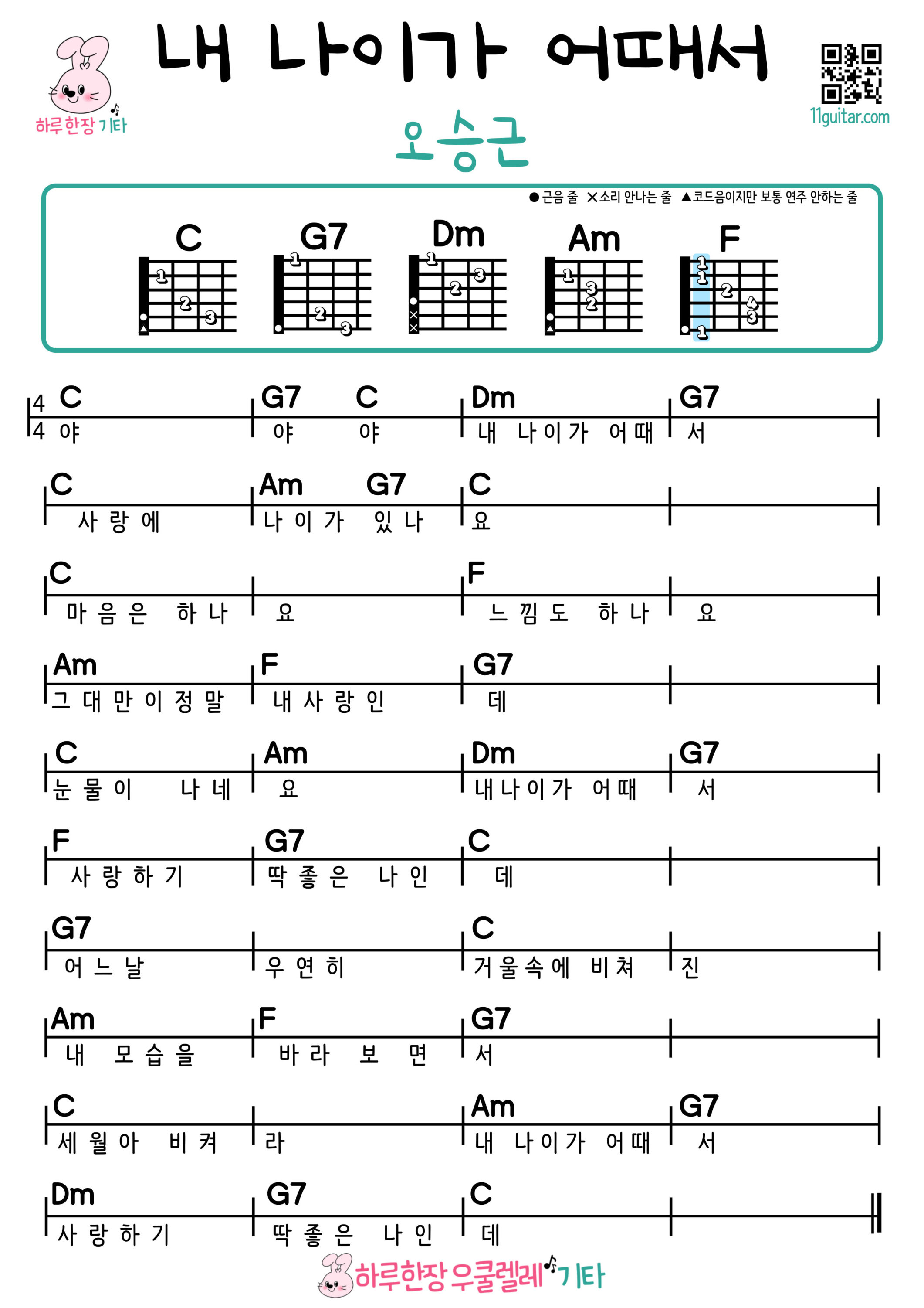 내 나이가 어때서(오승근) 기타 코드 악보 초보 쉬운곡 What’s Wrong With My Age (Oh Seung Geun) Guitar Chords Sheet for Beginners Easy Song