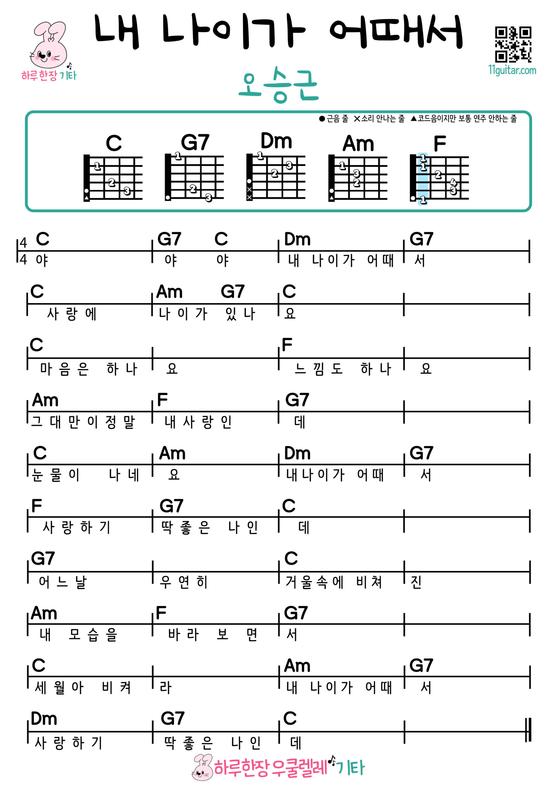 내 나이가 어때서(오승근) 기타 코드 악보 초보 쉬운곡 What’s Wrong With My Age (Oh Seung Geun) Guitar Chords Sheet for Beginners Easy Song