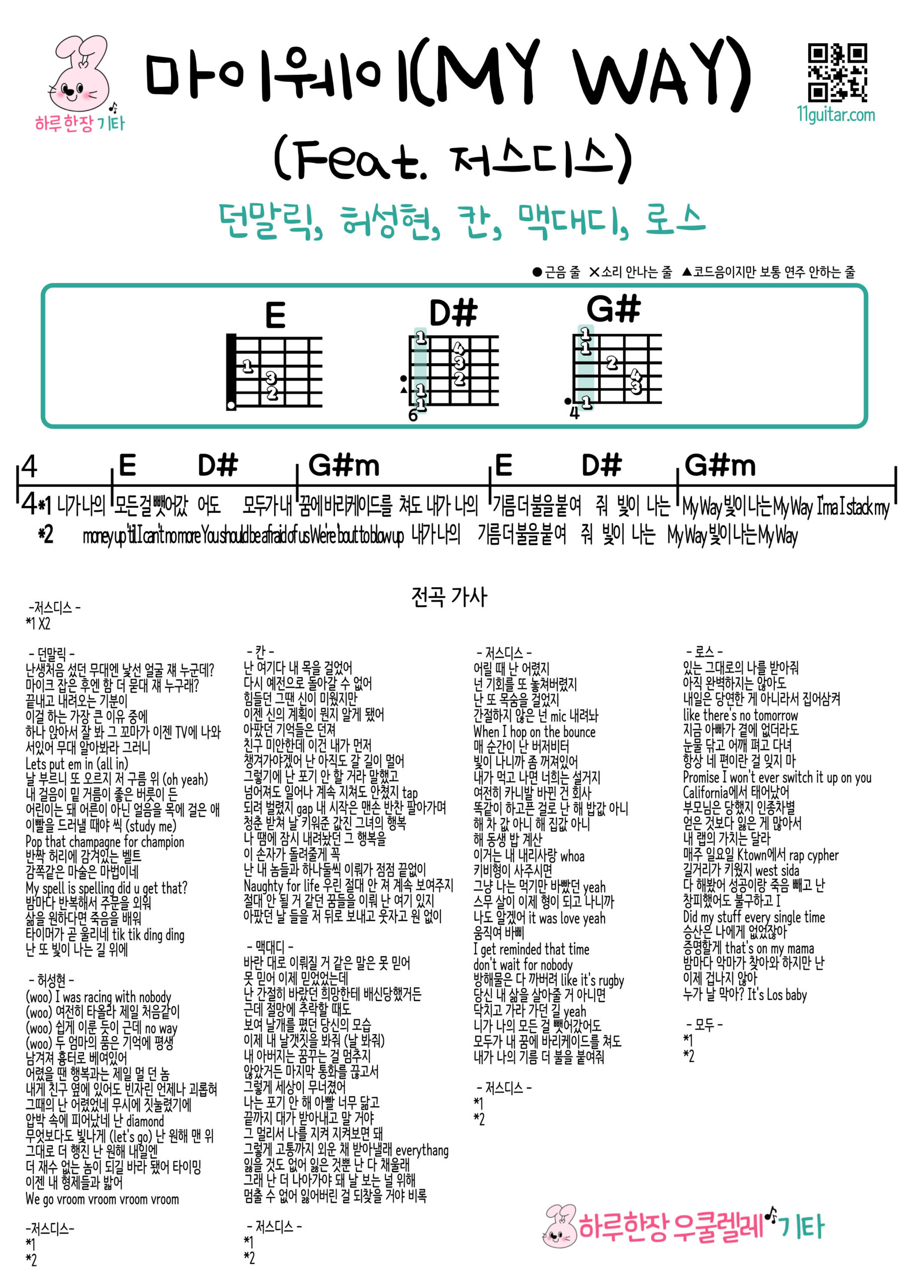 마이웨이(저스디스,돈말릭,허성현,칸,맥대디,로스) (MY WAY) (Prod. R.Tee) (JUSTHIS 저스디스, DON MALIK 돈말릭, 허성현, KHAN 칸, Mckdaddy 맥대디, Los 로스) 기타 코드 악보 쉬운 코드 악보 (쇼미11)