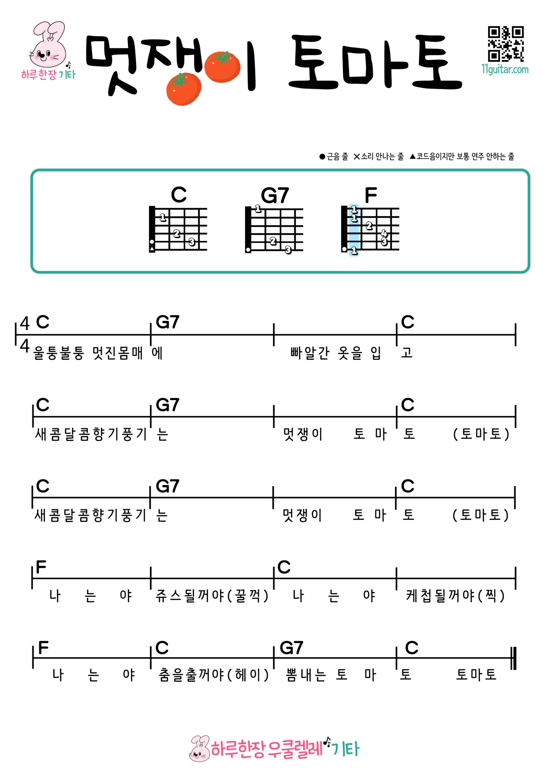 멋쟁이 토마토(동요) 우쿨렐레 쉬운곡 초보 코드 악보 Stylish Tomato (Children’s Song) Ukulele Easy Song Beginner Chords Sheet Music