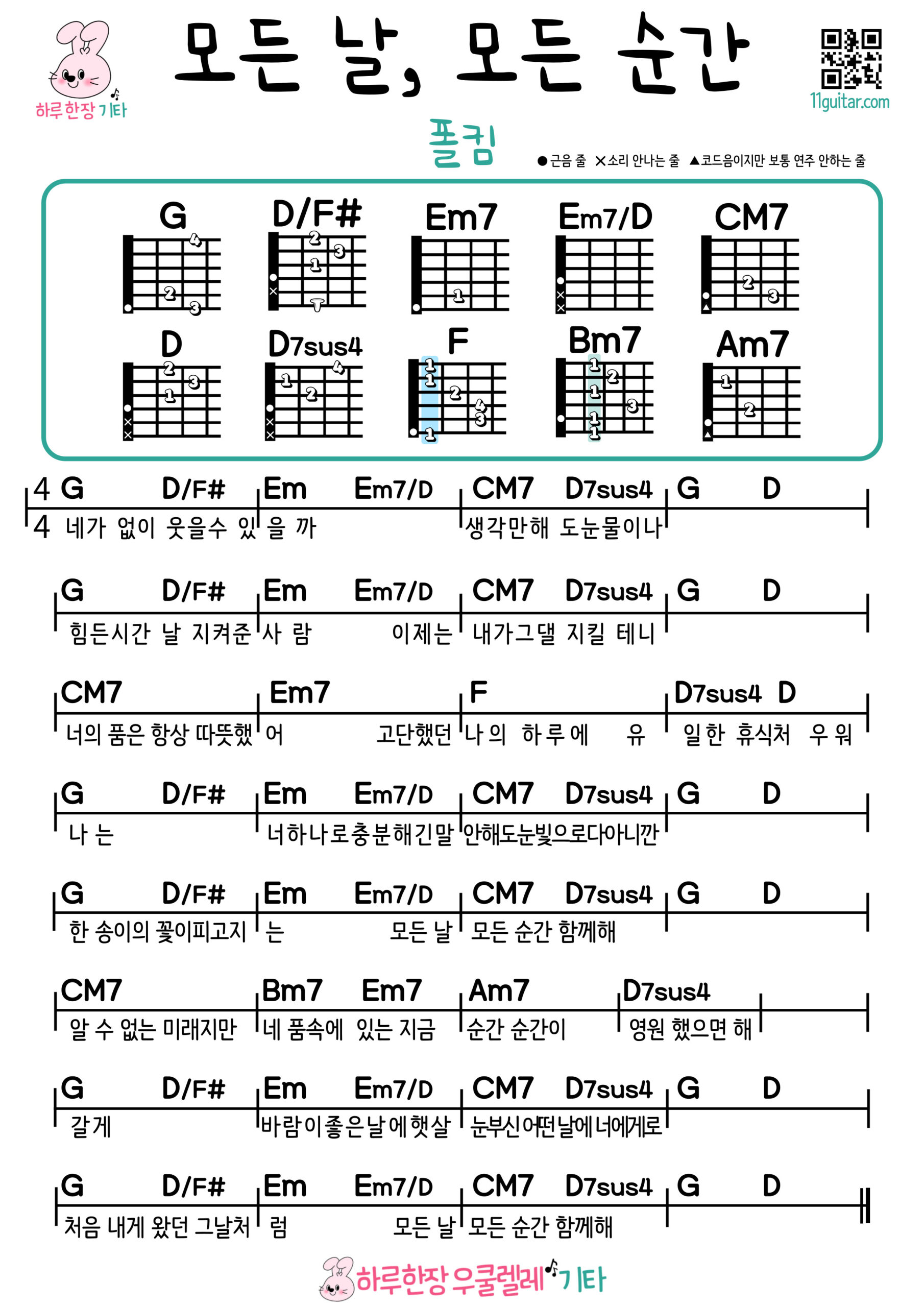 모든 날, 모든 순간(폴킴) 우쿨렐레 쉬운곡 초보 코드 악보 Every Day, Every Moment (Paul Kim) Ukulele Easy Song Beginner Chords Sheet Music