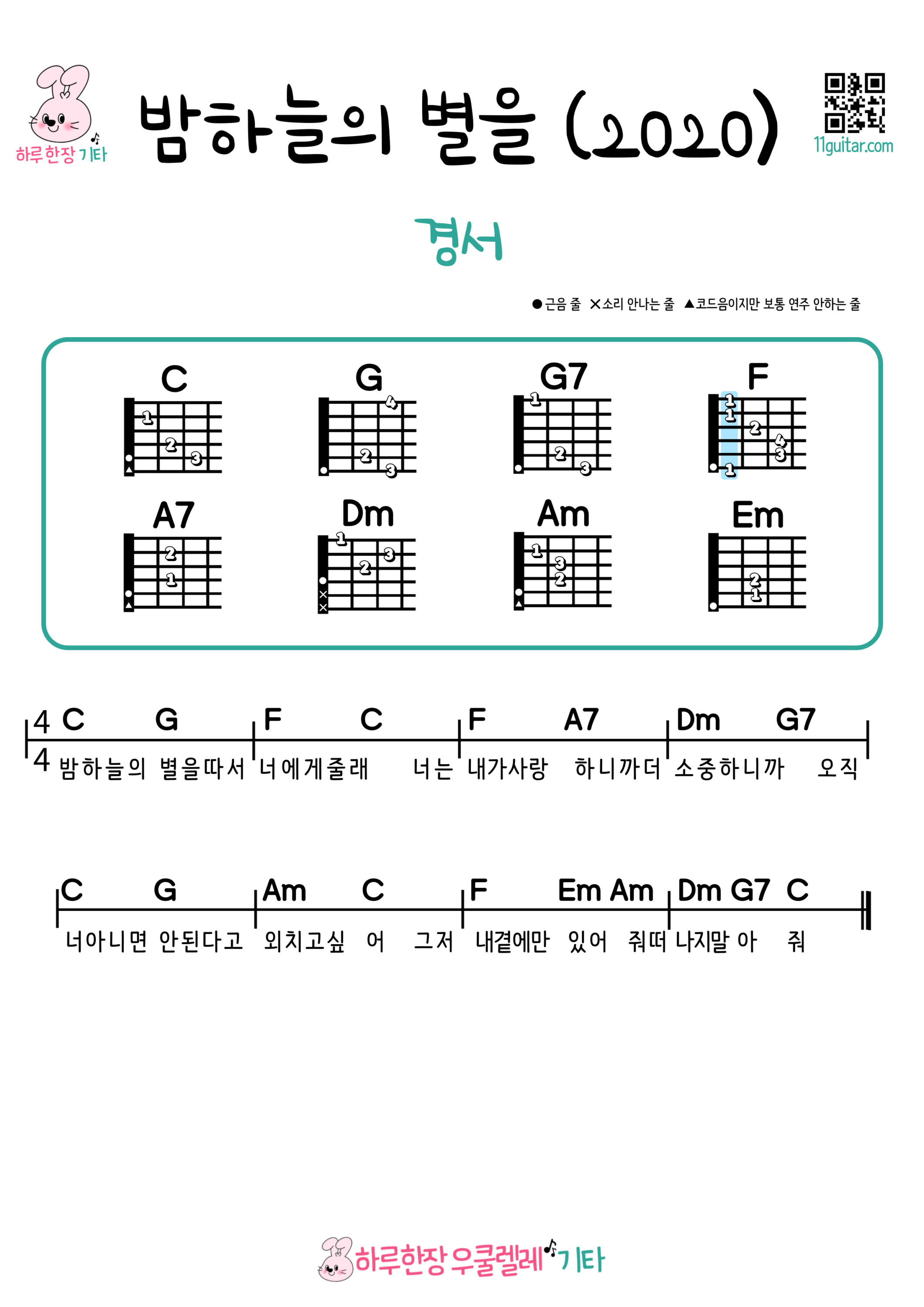 밤하늘의 별을 2020(경서) 우쿨렐레 쉬운 코드 악보 Stars in the Night Sky 2020 (Kyoungseo) Easy Ukulele Chords for Beginners Sheet Music