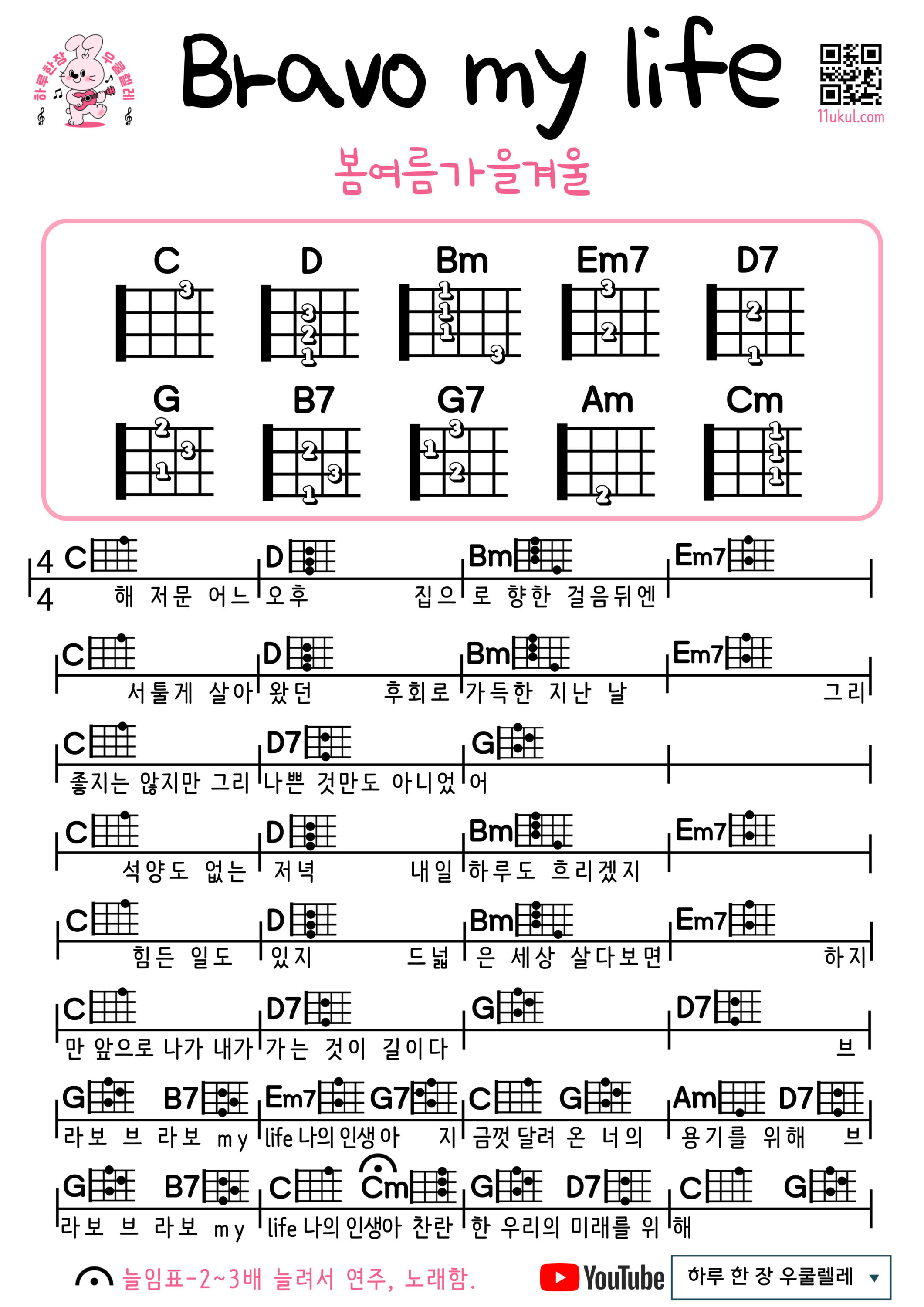 bravo my life(봄여름가을겨울) 브라보 마이 라이프 우쿨렐레 코드 악보 초보 쉬운곡 Easy Ukulele Chords for Beginners – K-pop Free Sheet Music