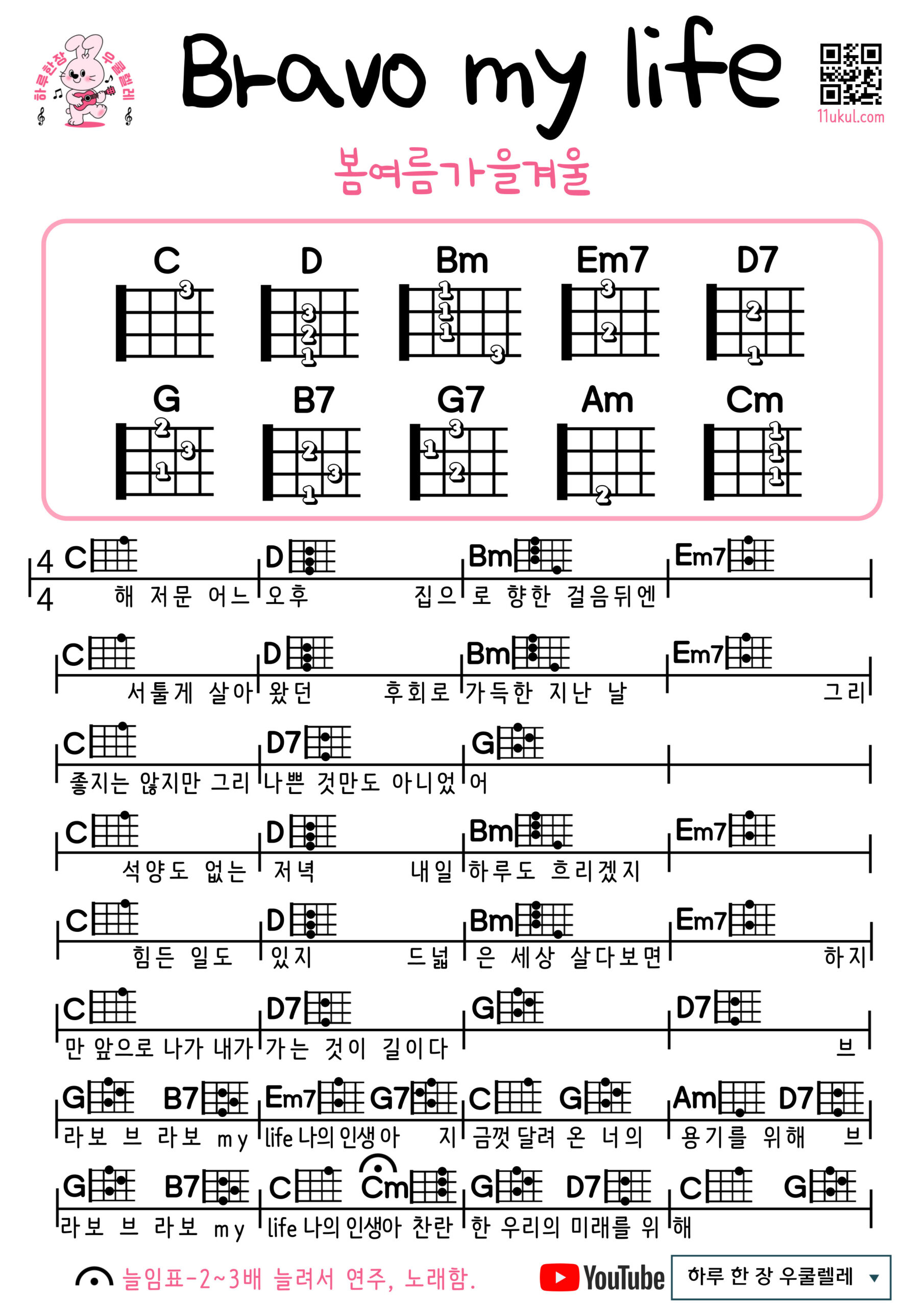 bravo my life(봄여름가을겨울) 브라보 마이 라이프 우쿨렐레 코드 악보 초보 쉬운곡 Easy Ukulele Chords for Beginners – K-pop Free Sheet Music