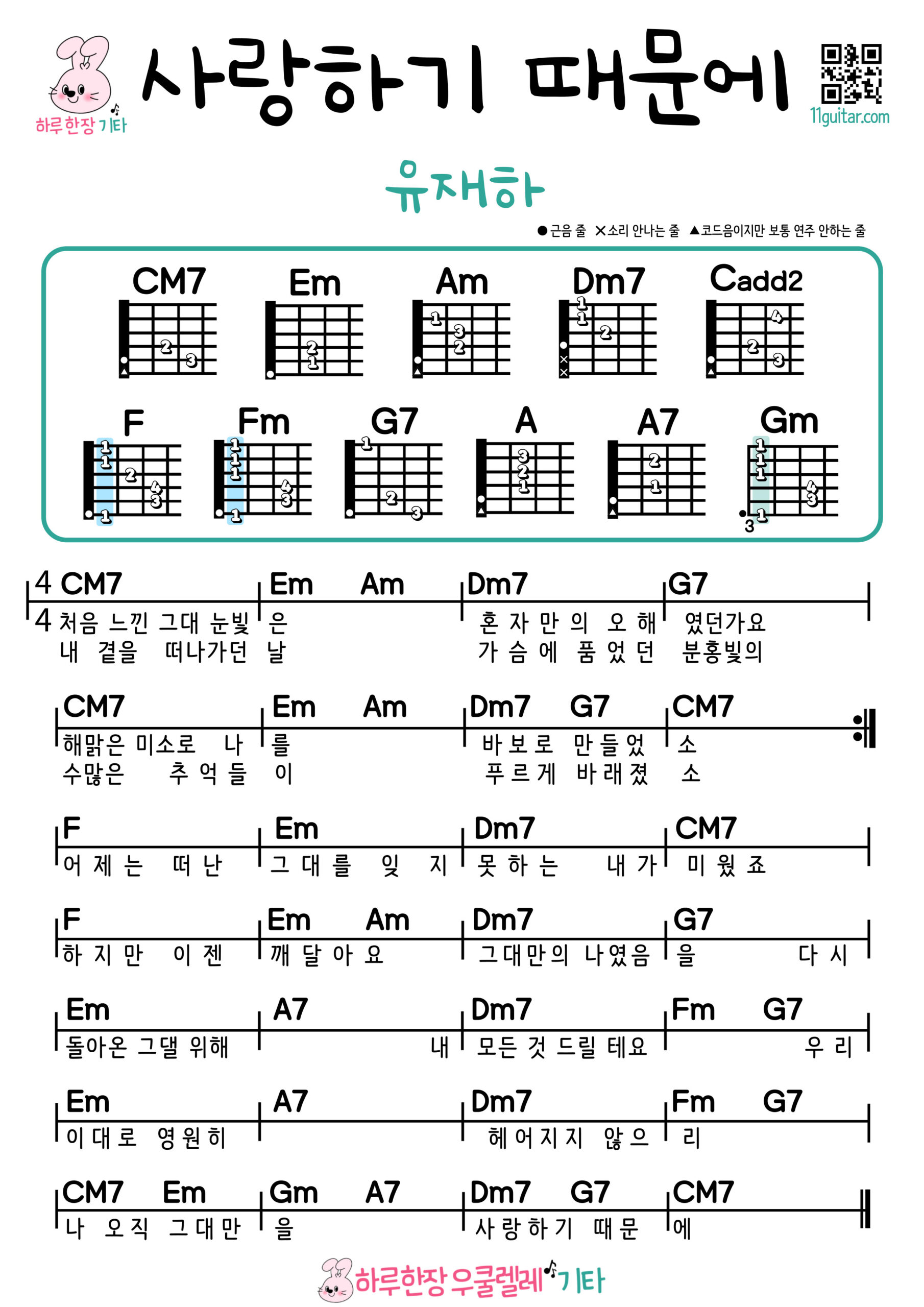 사랑하기 때문에(유재하) 기타 코드 악보 쉬운곡 초보 Because I Love You (Yoo Jae Ha) Guitar Easy Song Beginner Chords Sheet Music