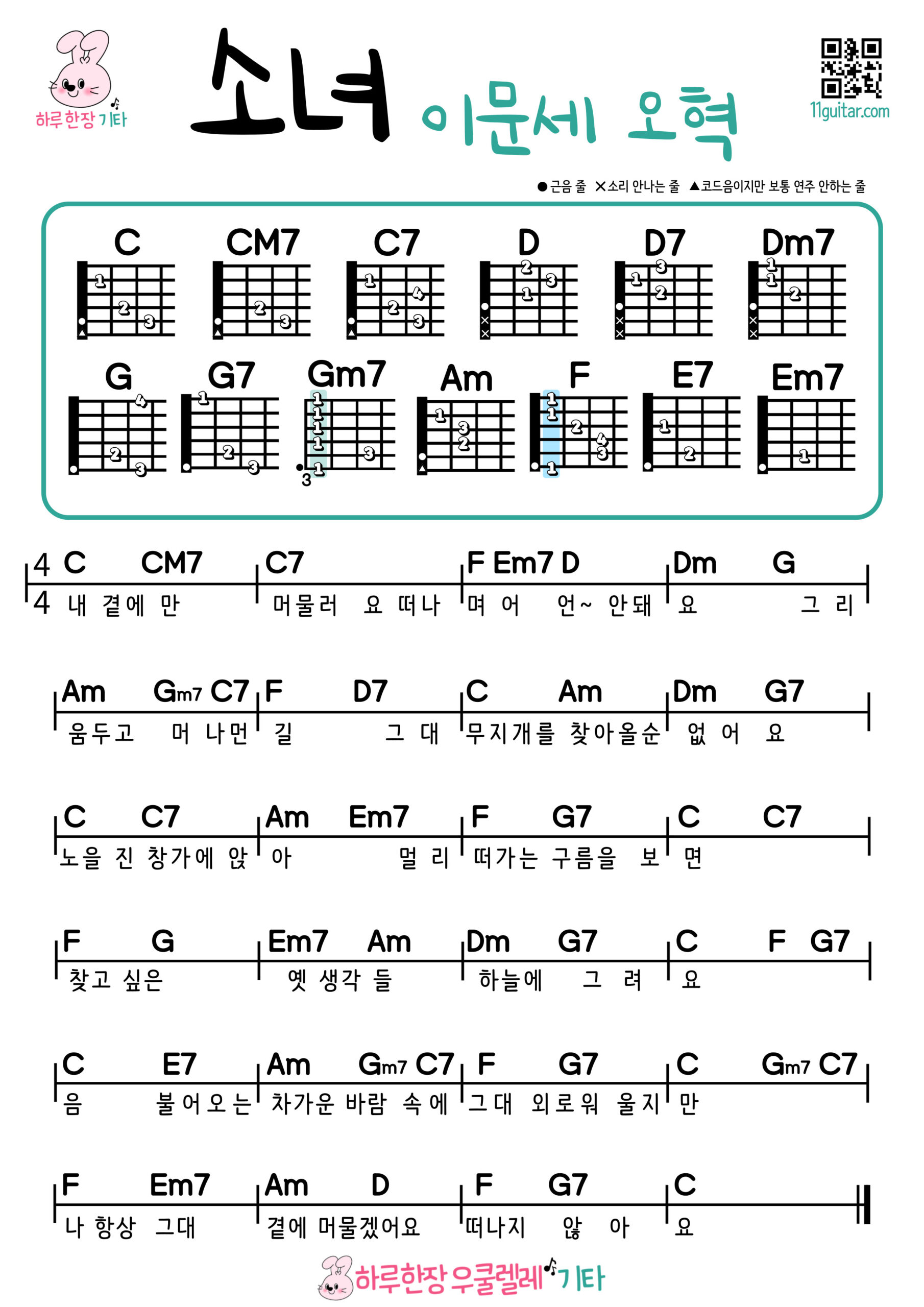소녀(이문세, 오혁) 기타 코드 악보 초보 쉬운곡 A Little Girl(Lee Moon-se, OH HYUK) Easy Guitar Chords for Beginners – K-pop Free Sheet Music