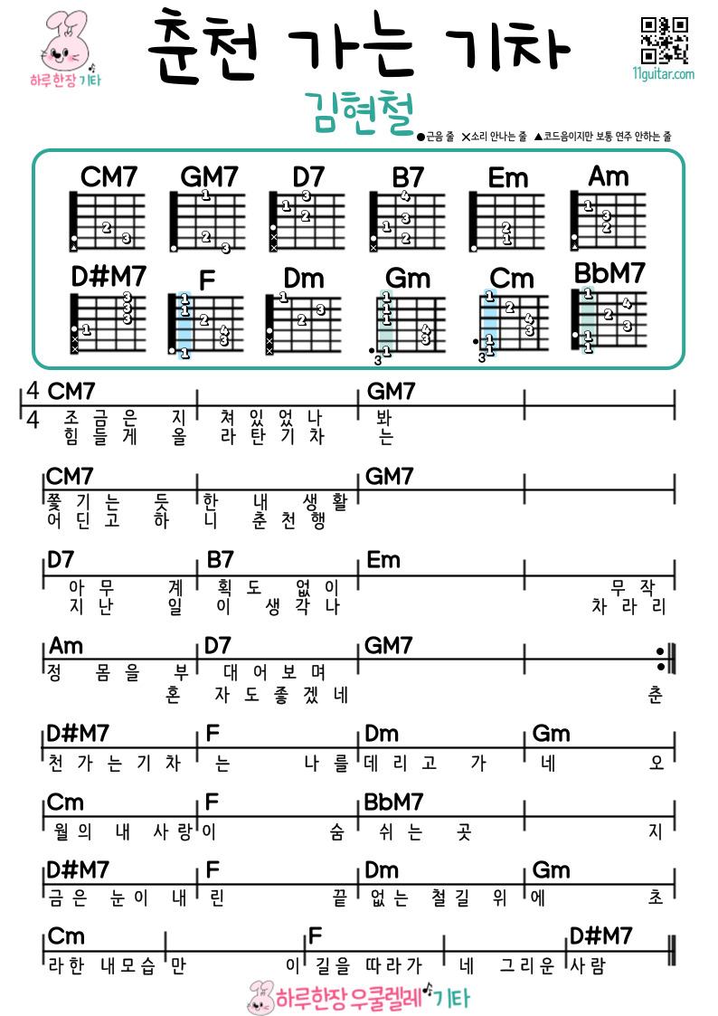 춘천 가는 기차(김현철) 기타 코드 악보 초보 쉬운곡 Train to Chuncheon (Kim Hyun Chul) – Easy Guitar Chords for Beginners Sheet Music