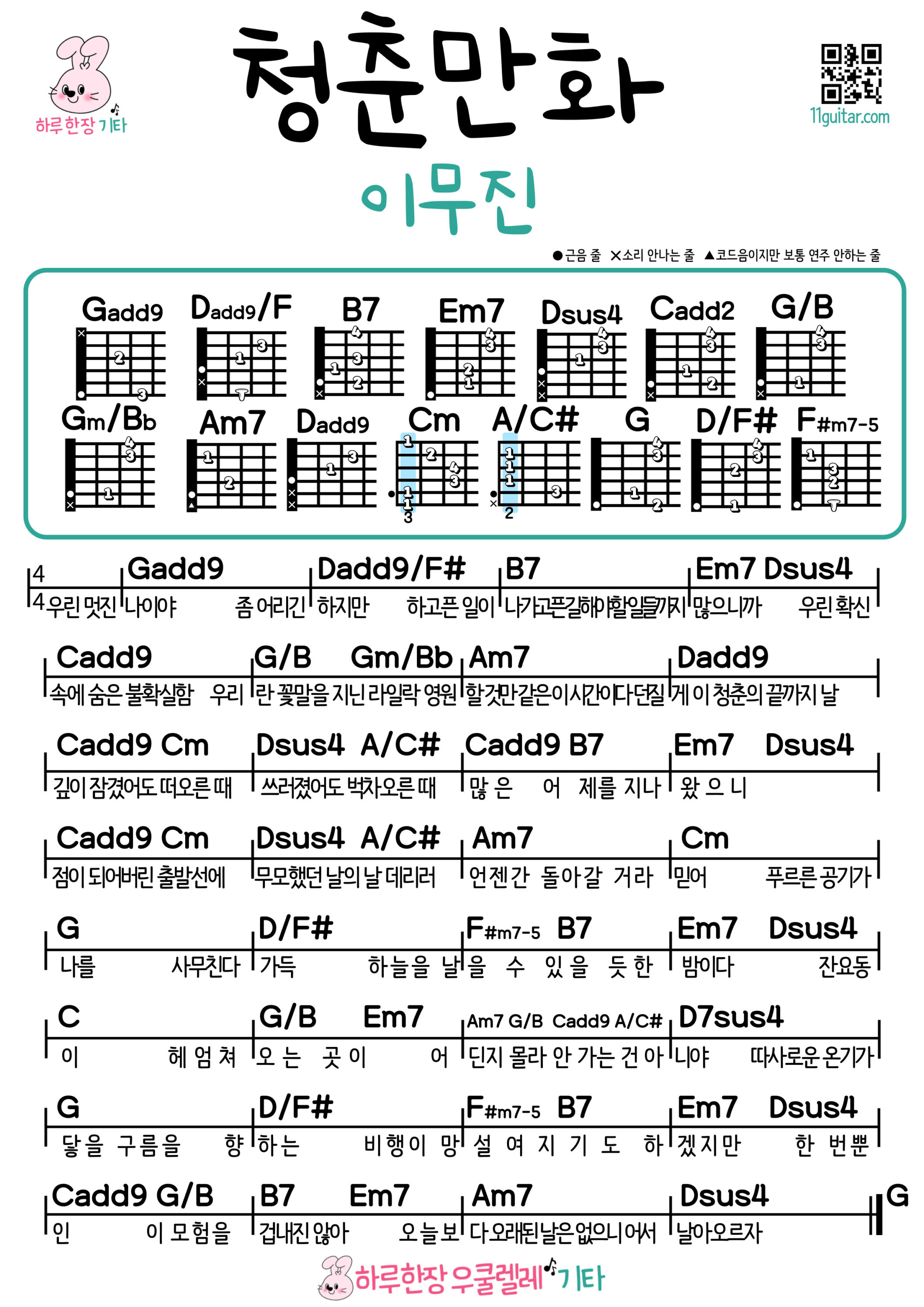 청춘만화(이무진) 기타 쉬운 코드 악보 초보자용 Youth Comic (Lee Mujin) Easy Guitar Chords and Beginner Sheet Music