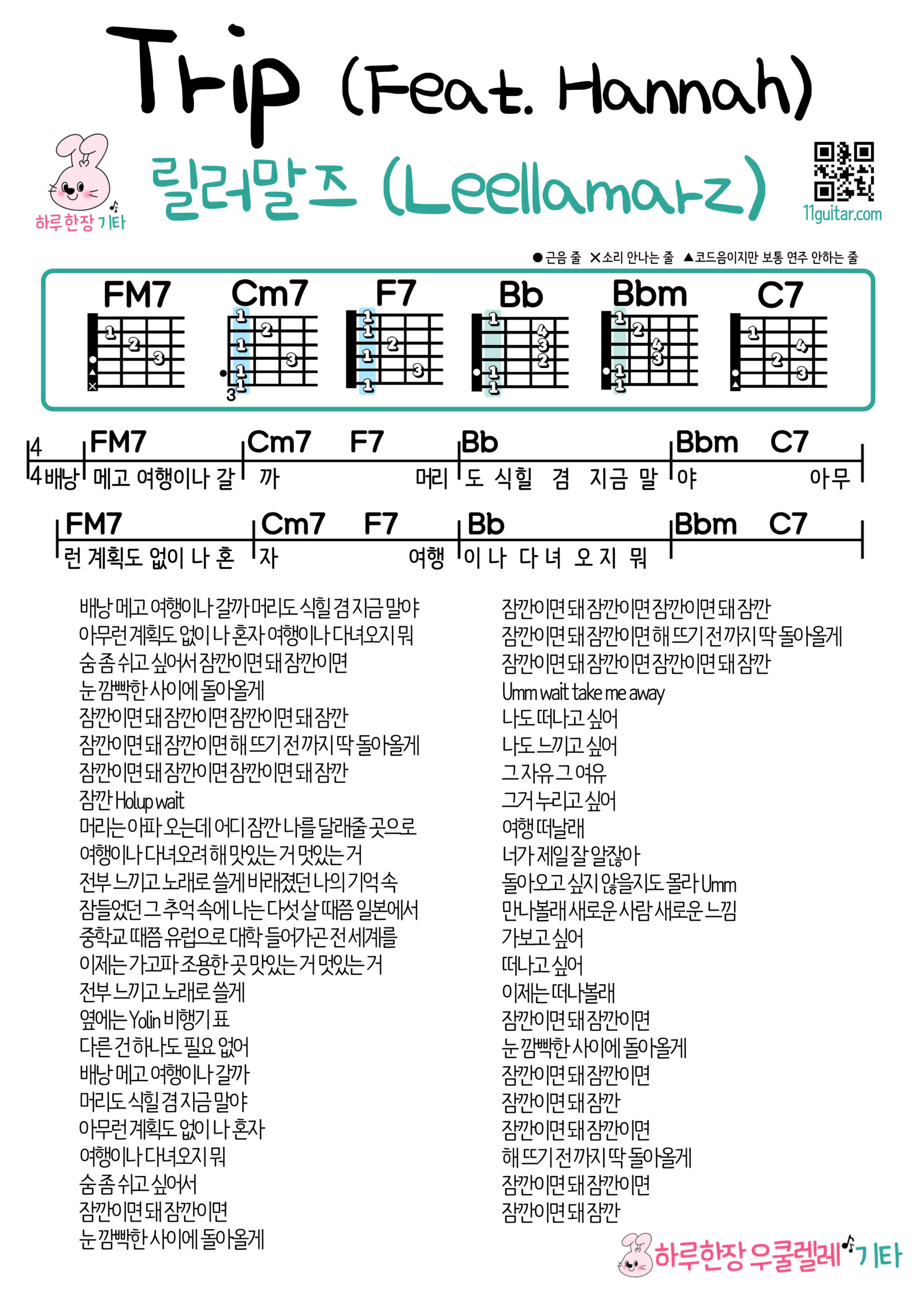 Trip(릴러말즈) (Feat. Hannah) 트립_(Leellamarz) 우쿨렐레 쉬운 코드 악보 Ukulele easy chord sheet music 선택