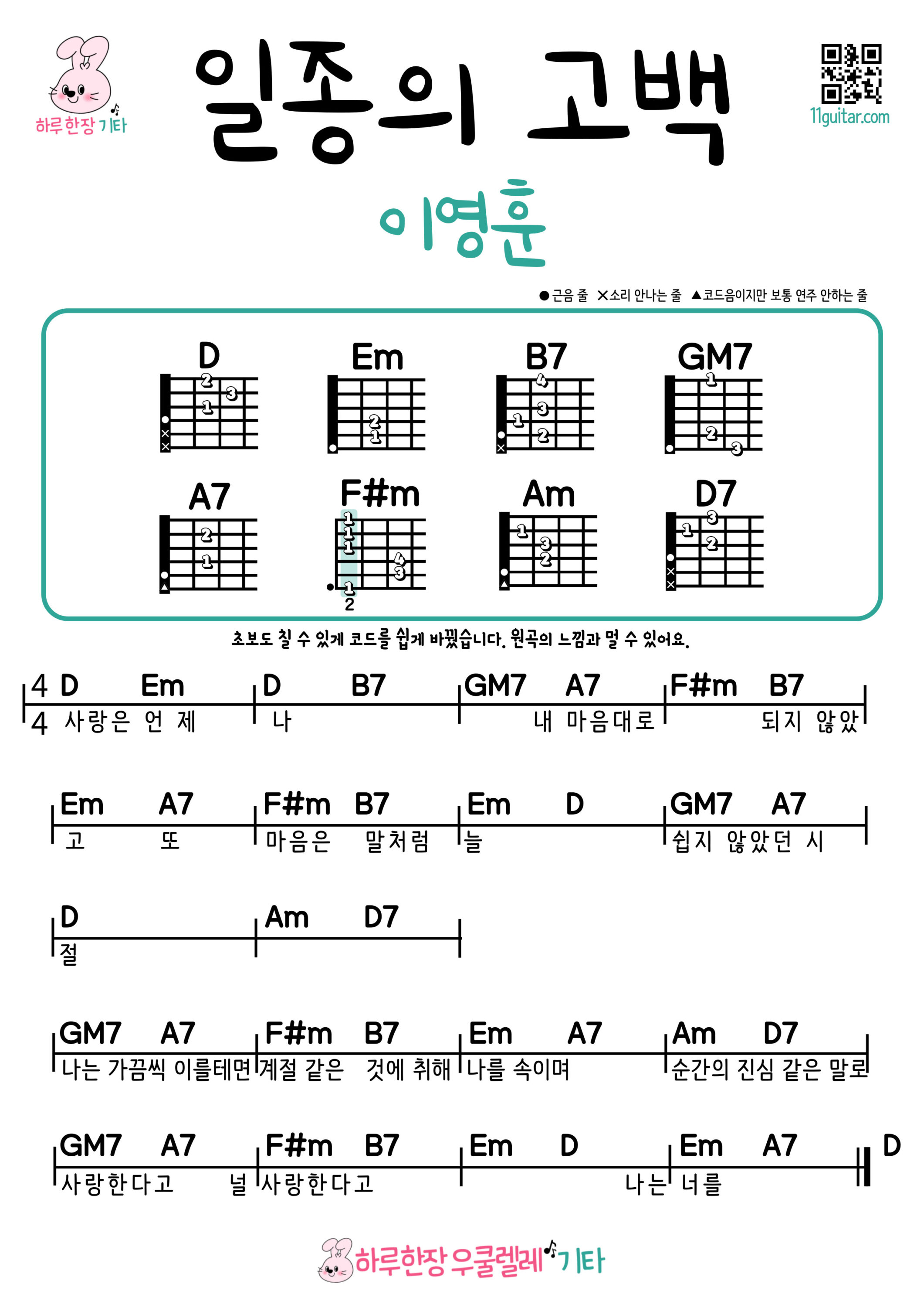 일종의 고백(이영훈) 기타 쉬운곡 초보 코드 악보 | A Kind of Confession – Lee Young-hoon Easy Guitar Chords for Beginners