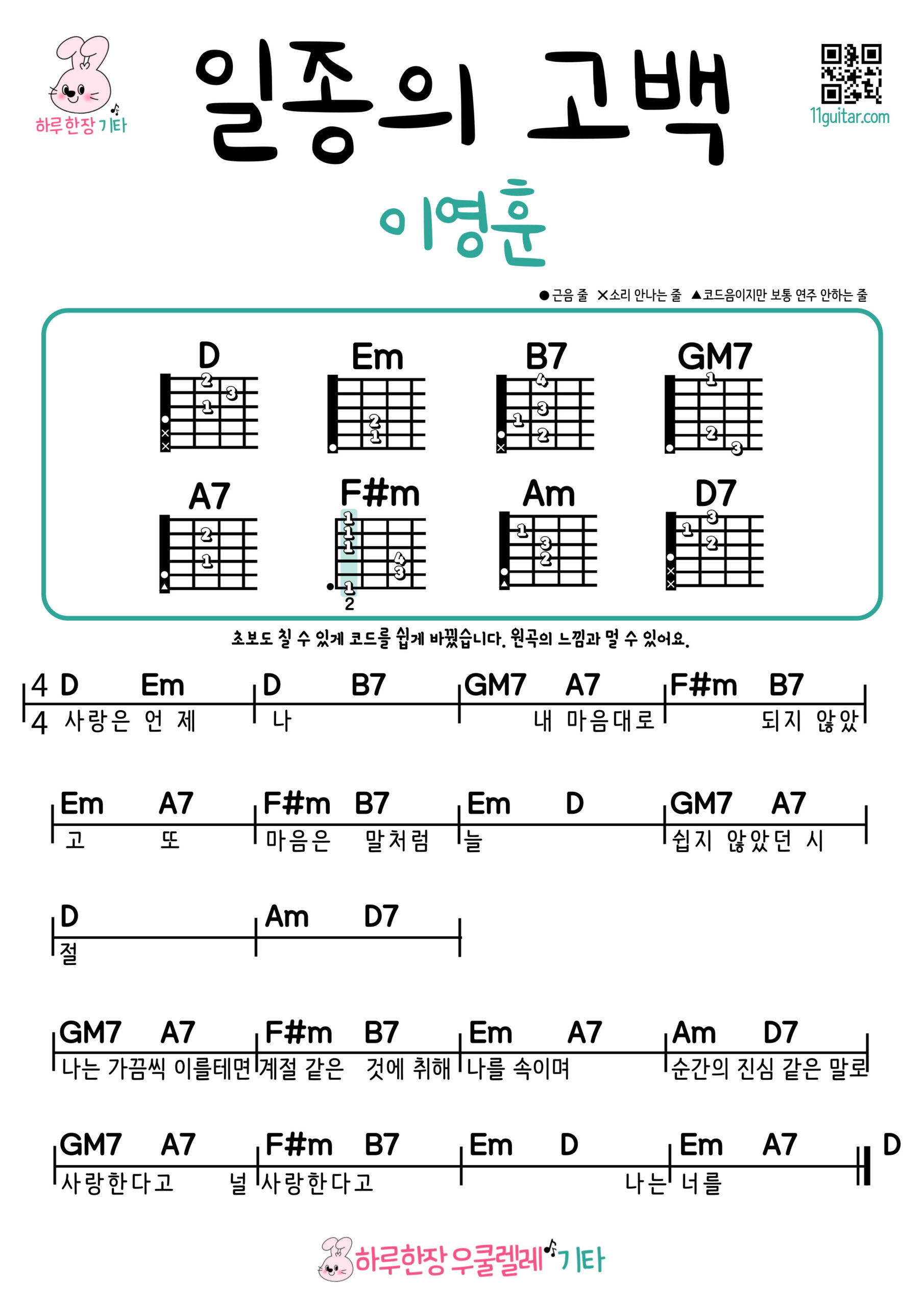 일종의 고백(이영훈) 기타 쉬운곡 초보 코드 악보 | A Kind of Confession – Lee Young-hoon Easy Guitar Chords for Beginners
