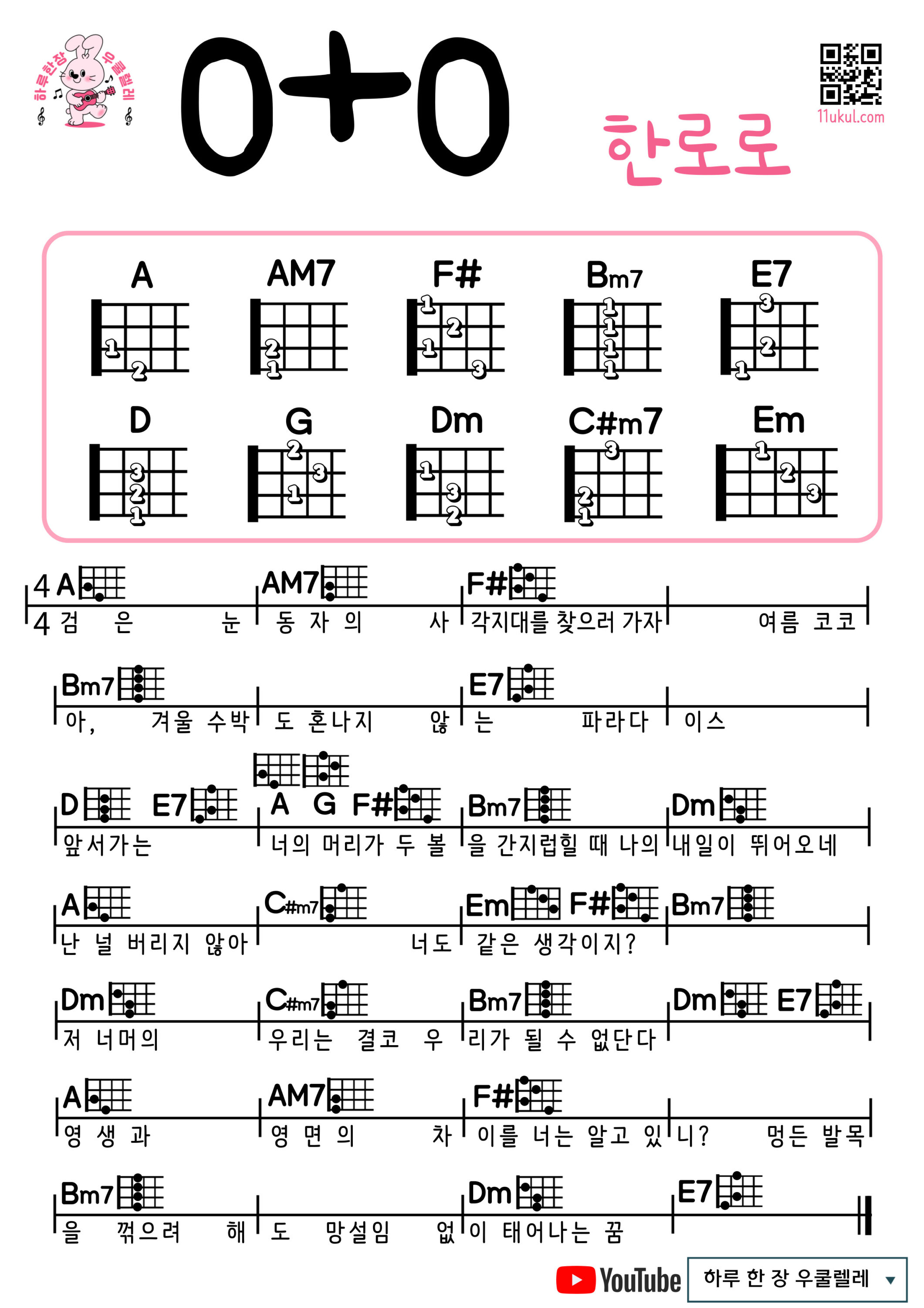 0+0(한로로) 우쿨렐레 쉬운곡 초보 코드 악보 | Zero Plus Zero – Han Roro Easy Ukulele Chords for Beginners