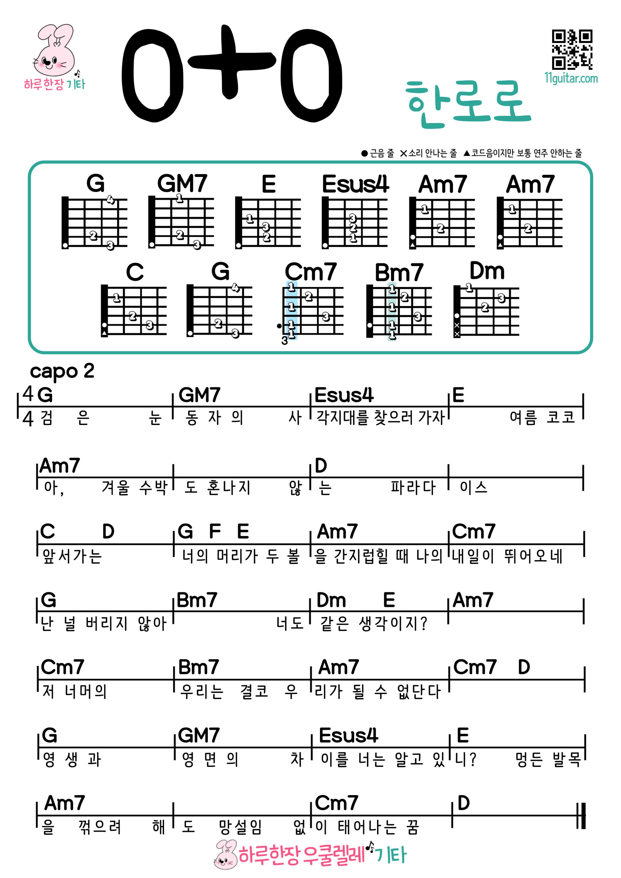 0+0(한로로) 기타 쉬운곡 초보 코드 악보 | Zero Plus Zero – Han Roro Easy Guitar Chords for Beginners