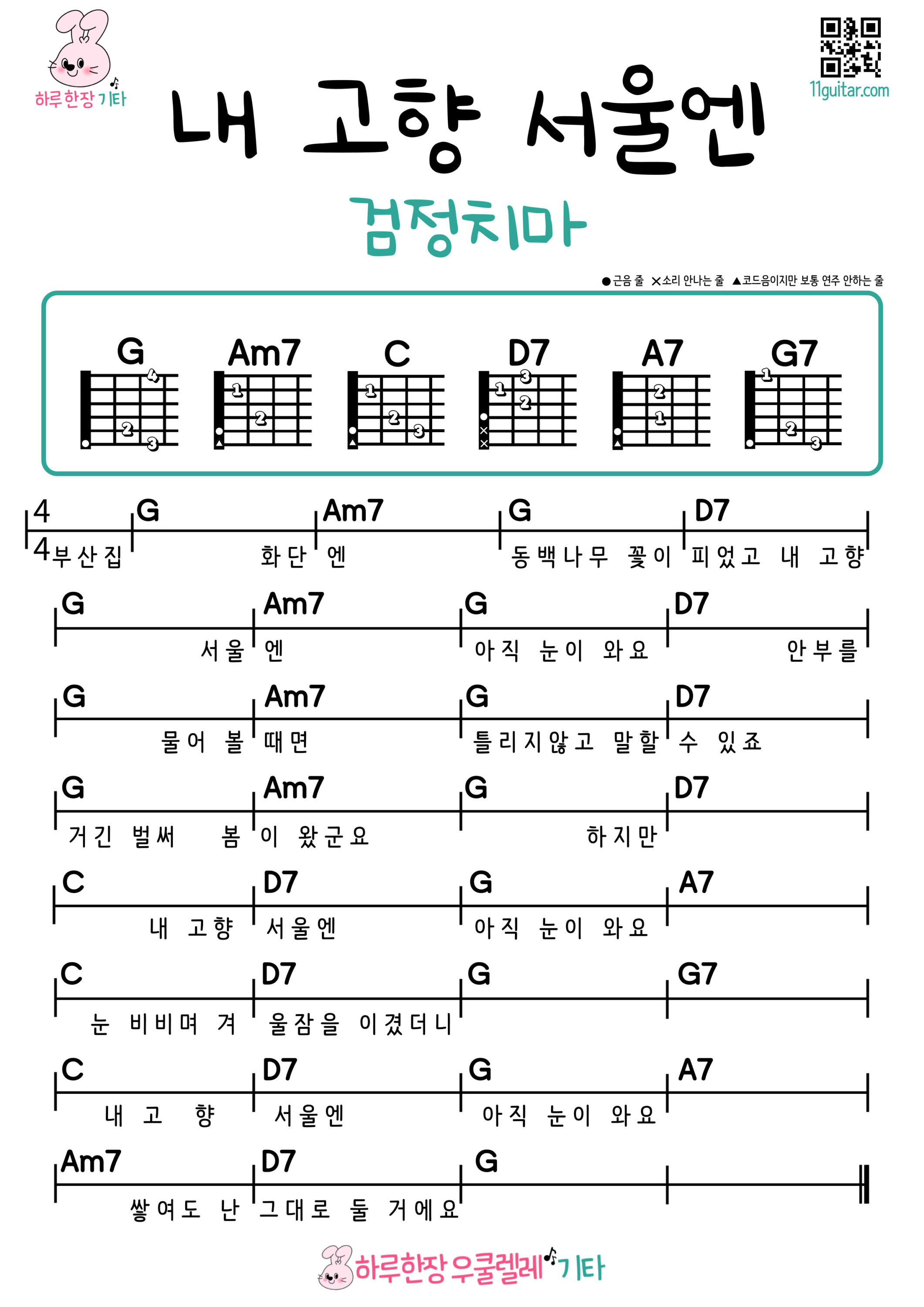 내 고향 서울엔(검정치마) In My City Of Seoul(The Black Skirts) 기타 코드 악보 초보 쉬운곡 Guitar easy beginner chords, simple strumming pattern, and printable tabs