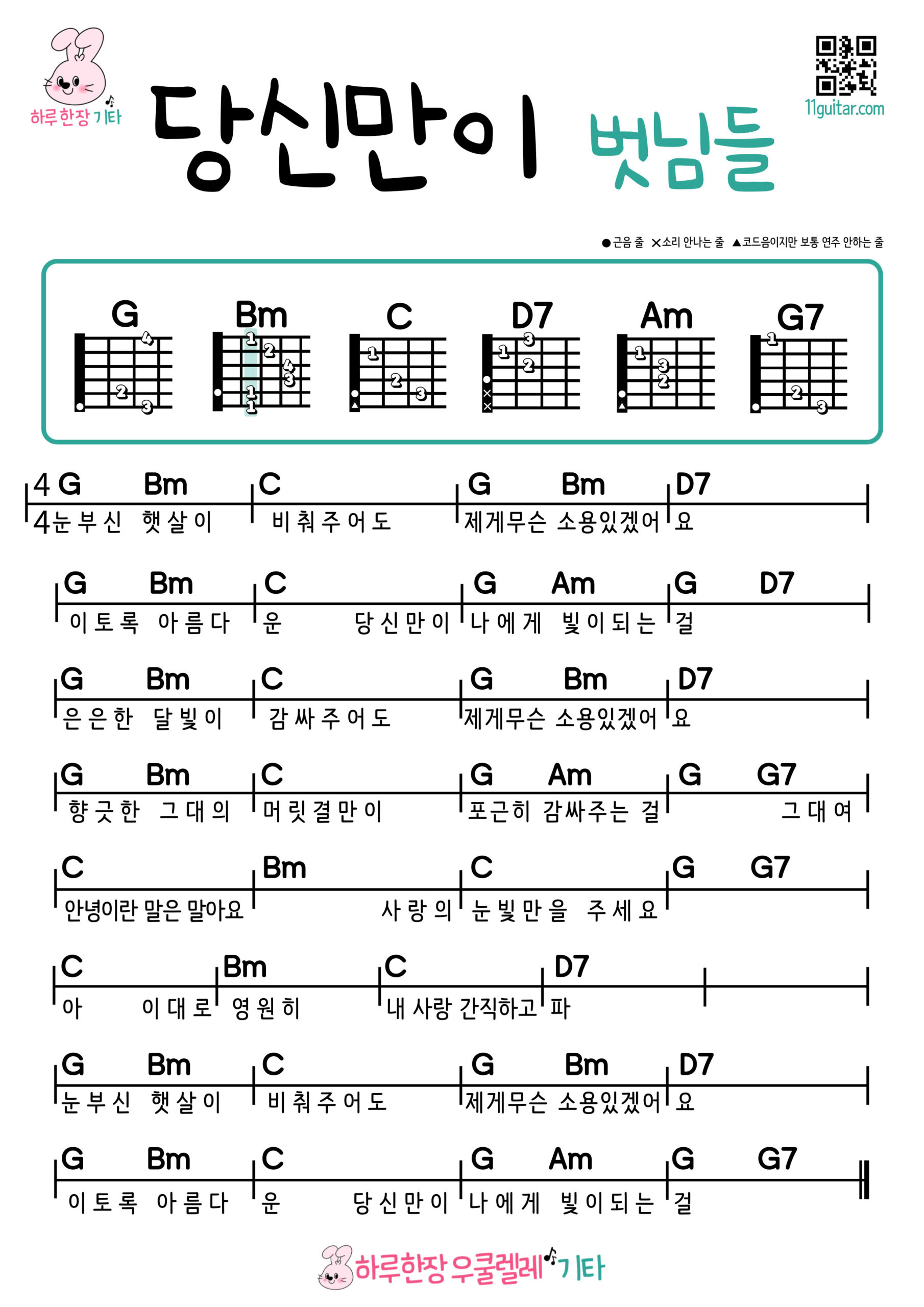 당신만이(벗님들) 기타 코드 악보 초보 쉬운곡 Only you(friends) Guitar easy beginner chords, simple strumming pattern, and printable tabs