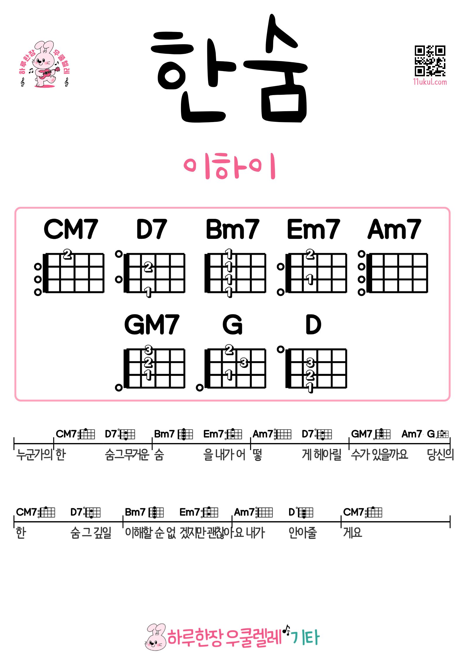 한숨(이하이) 우쿨렐레 코드 악보 초보 쉬운곡 BREATHE(LEE HI) Ukulele Easy Song Beginner Chords Sheet Music