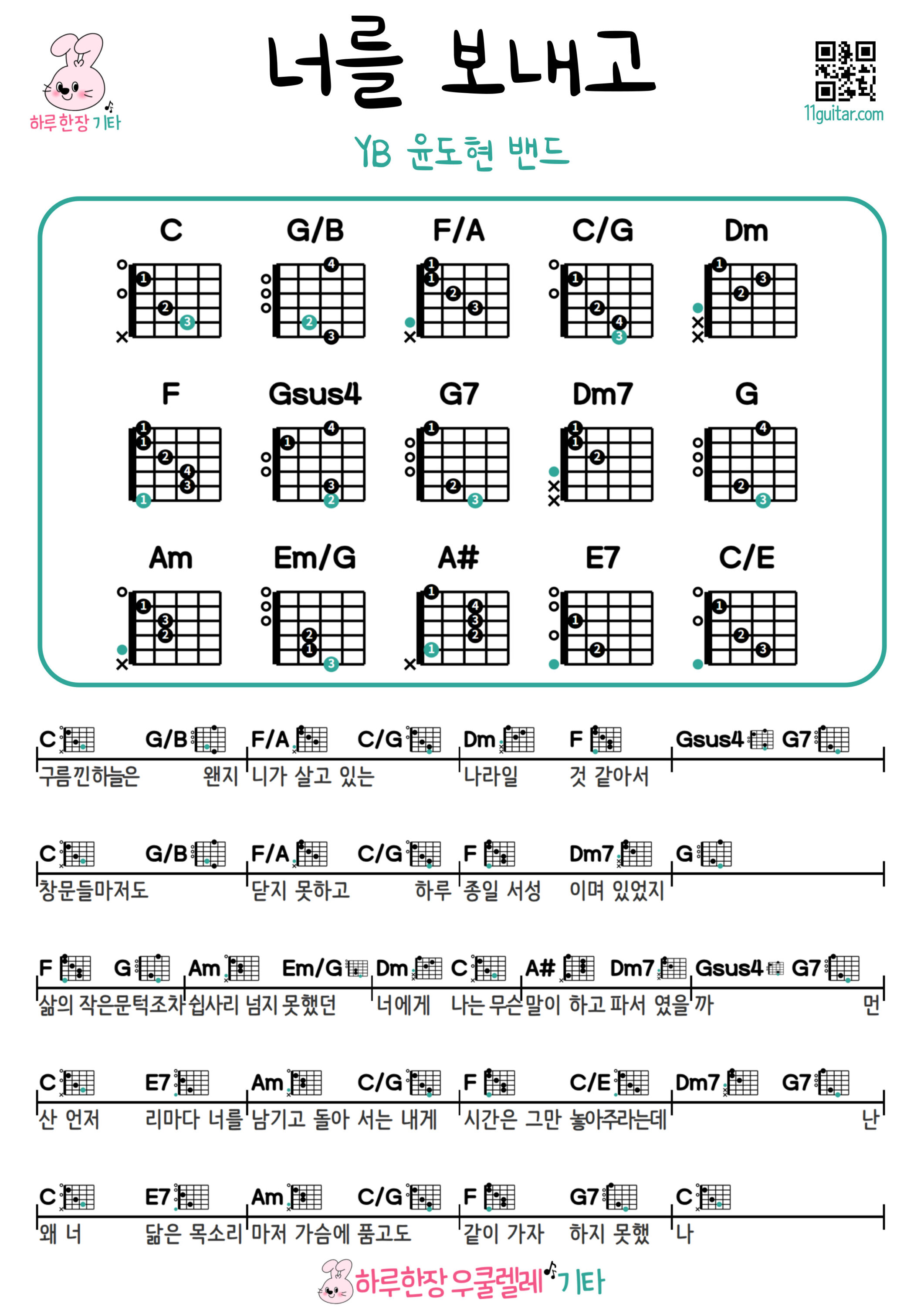 너를 보내고(윤도현 밴드 YB)  After Send You(YB) Guitar easy beginner chords, simple strumming pattern, and printable tabs