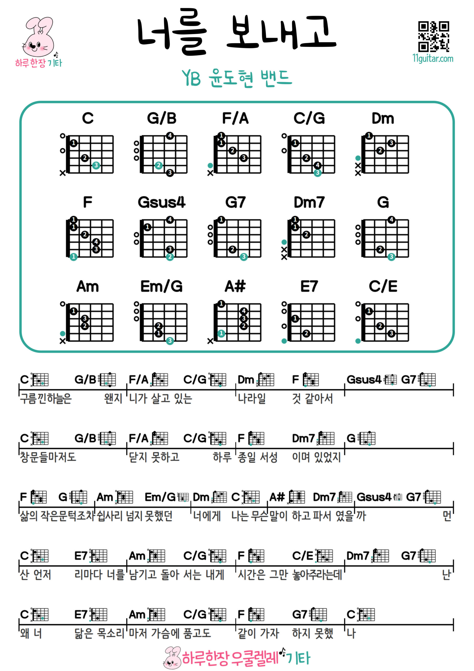 너를 보내고(윤도현 밴드 YB) After Send You(YB) Guitar easy beginner chords, simple strumming pattern, and printable tabs