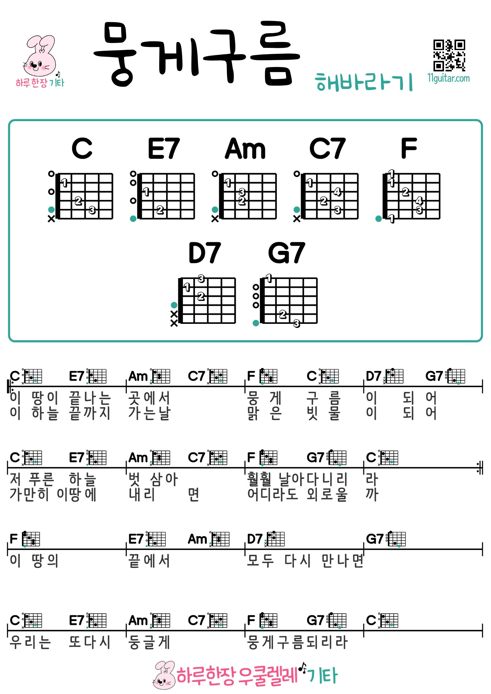 뭉게구름(해바라기) 기타 코드 악보 초보 쉬운곡 Cumulus Clouds(Sunflower) Guitar Easy Song Beginner Chords Sheet Music