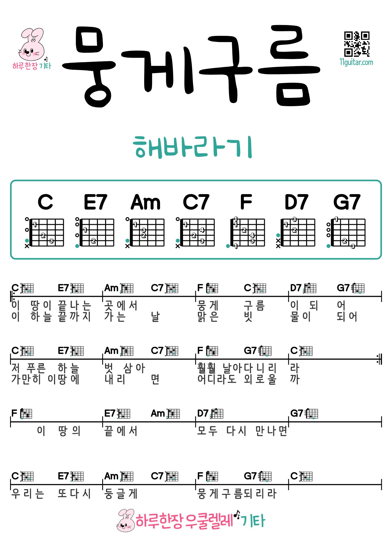 뭉게구름(해바라기) 기타 코드 악보 초보 쉬운곡 Guitar Easy Song Beginner Chords Sheet Music