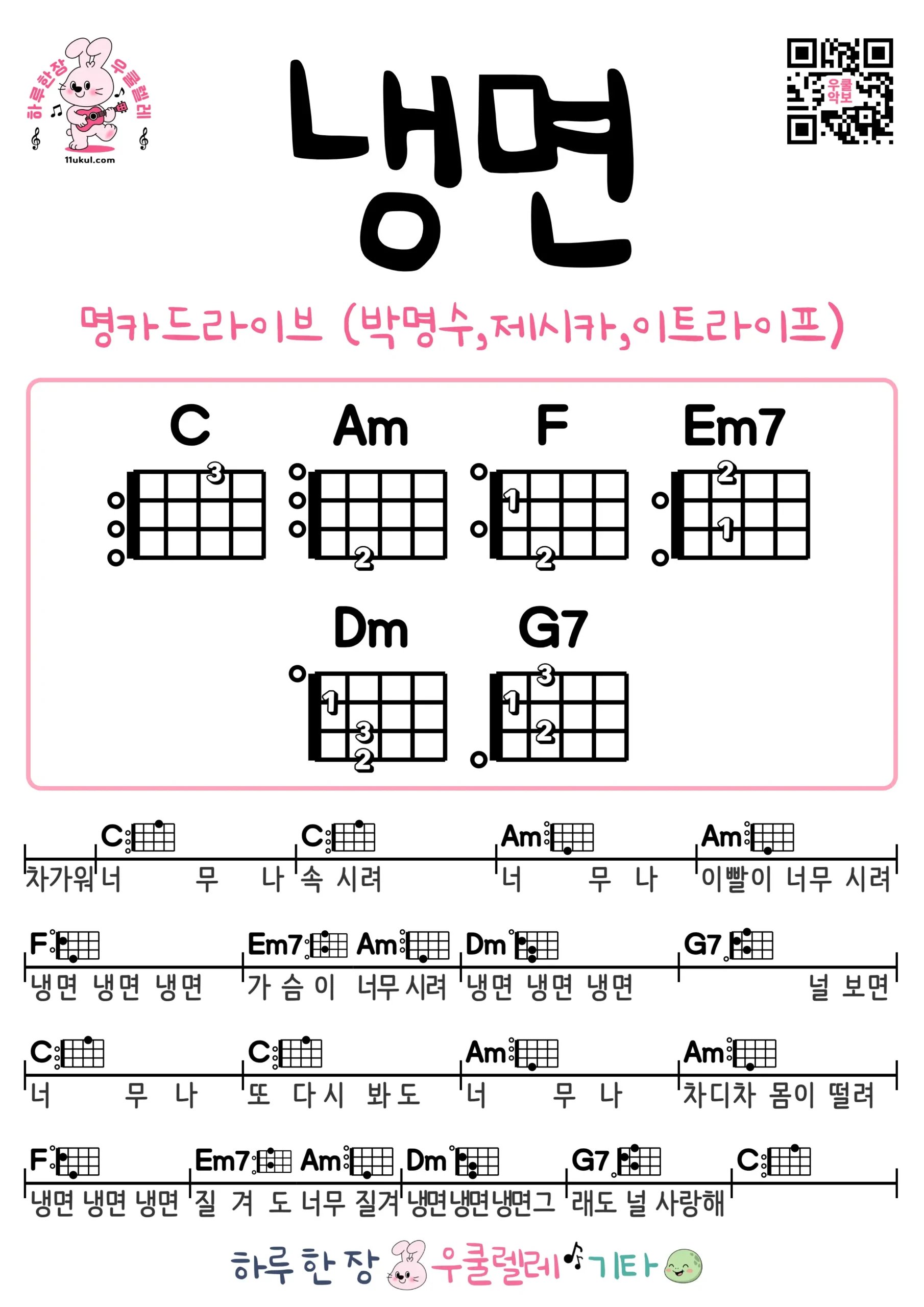냉면(명카드라이브|박명수,제시카,이트라이프) Naengmyeon(Myung-ca Drive(SNSD Jessica)) 우쿨렐레 코드 악보 쉬운곡 초보 무료 악보 Free Easy Ukulele Songs for Beginners with Chords