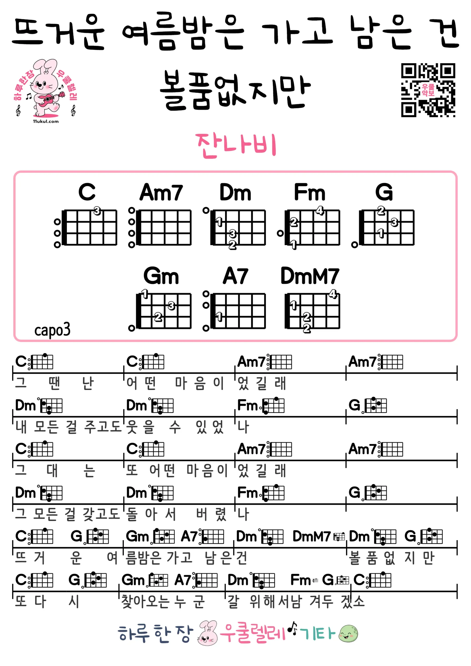 뜨거운-여름밤은-가고-남은-건-볼품없지만잔나비-우쿨렐레-코드-악보-쉬운곡-초보-무료-악보-Free-Easy-Ukulele-Songs-for-Beginners-with-Chords-scaled.webp