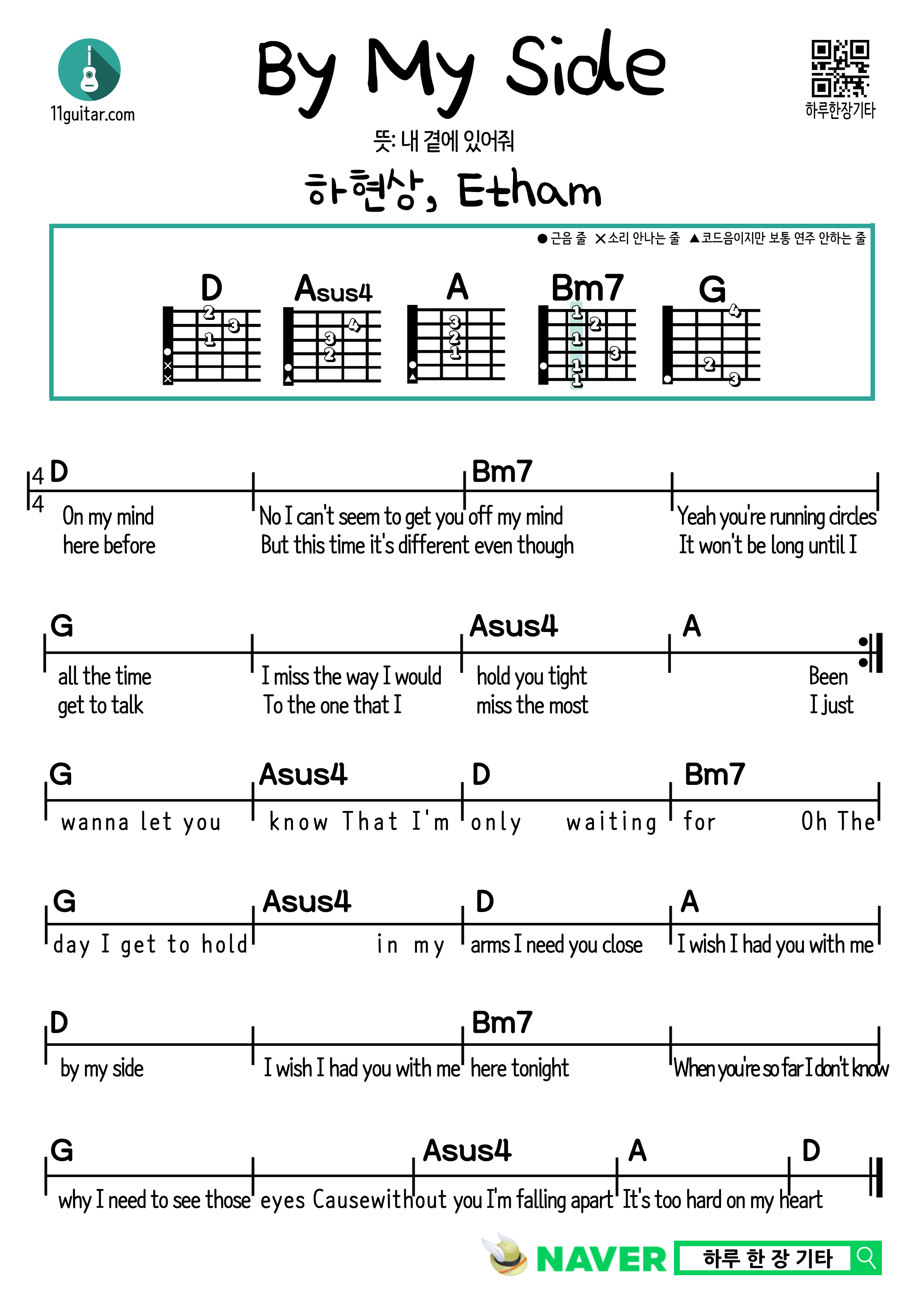 By My Side(Ha Hyun-sang, Etham) 바이 마이 사이드(하현상, 에덤) 쉬운 기타 코드 악보 Easy guitar chord sheet music