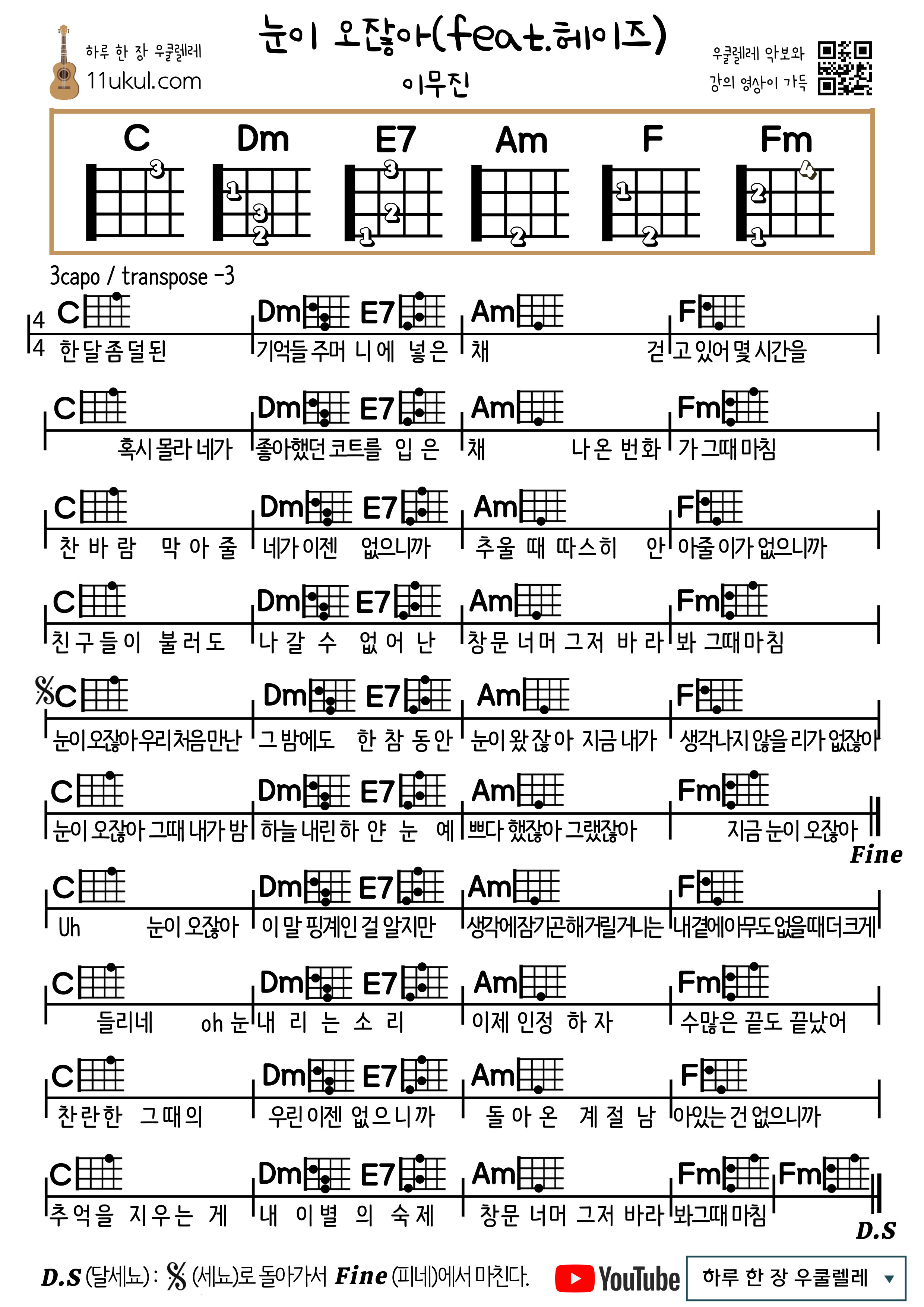 눈이 오잖아(feat.헤이즈) (이무진) 우쿨렐레 쉬운 코드 악보 It's Snowing (feat. Haze) (Lee Moojin) Ukulele Easy Chord Sheet Music