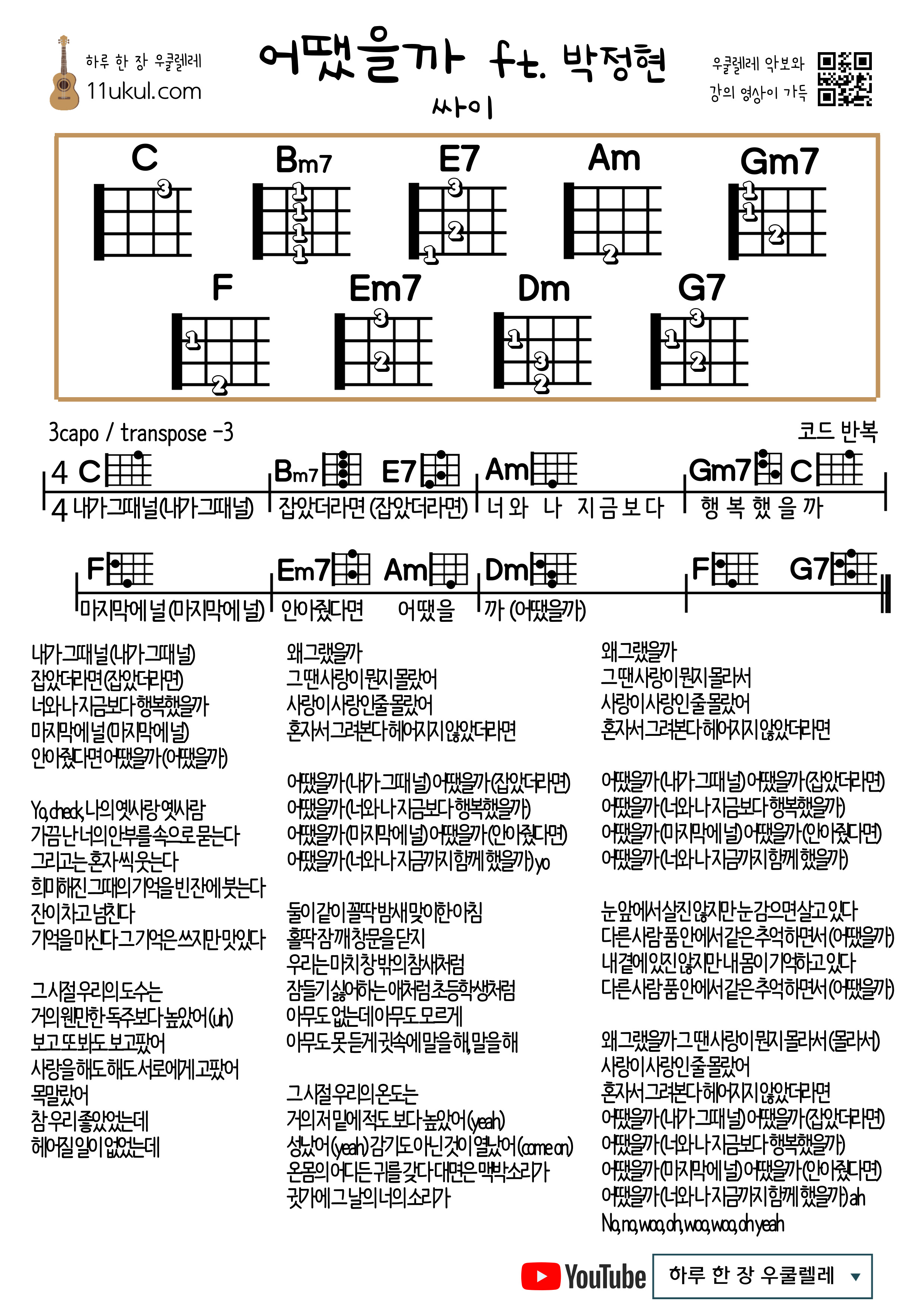 어땠을까(ft.박정현) (싸이) What Would Have Been (PSY) 우쿨렐레 쉬운 코드 악보 Ukulele Easy Chord Sheet Music