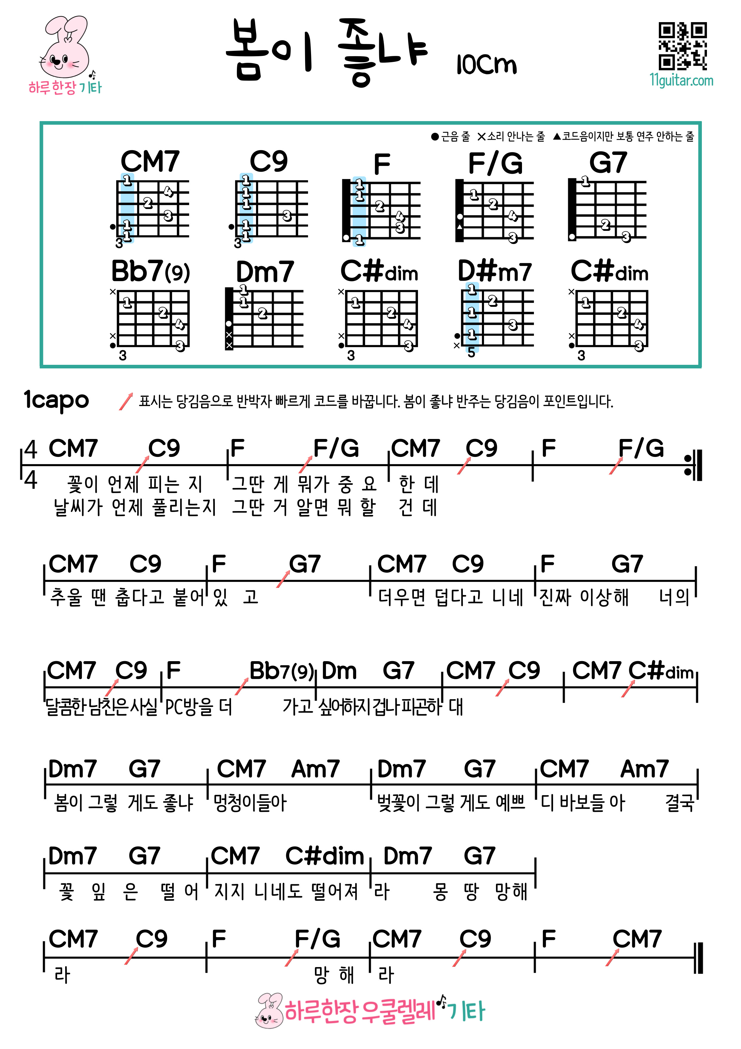 봄이 좋냐(10cm/십센치) 기타 초보 쉬운 코드 악보 Do you like spring (10cm) Easy chord sheet music for beginners