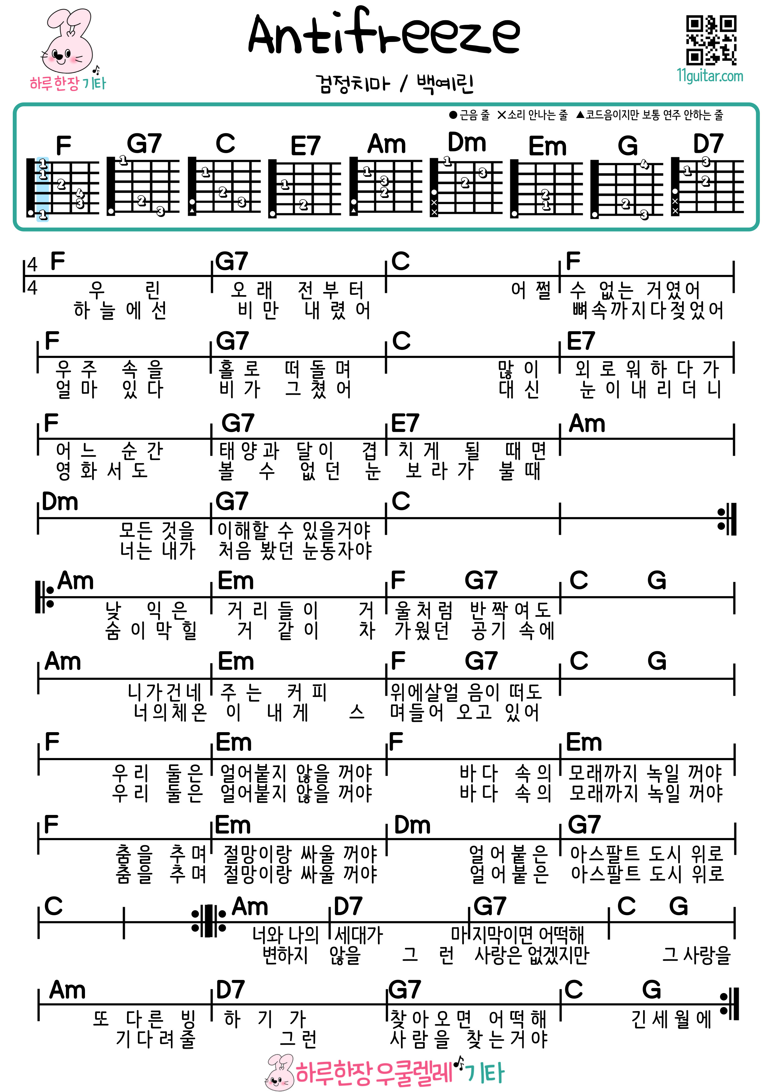 Antifreeze(Black skirt, Baek Yerin) 안티프리즈(검정치마,백예린) 기타 초보 쉬운 코드 악보 Ukulele easy chord sheet music