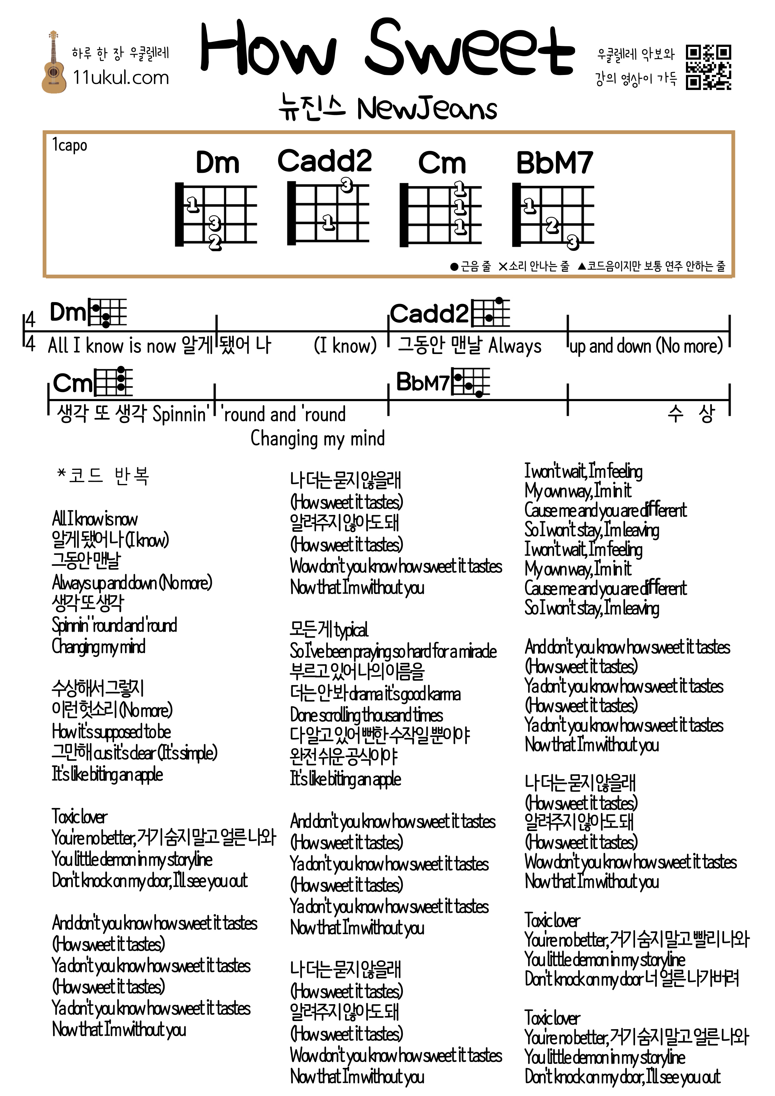How Sweet(NewJeans) 하우스윗(뉴진스) 우쿨렐레 쉬운 코드 악보 guitar easy chords sheet music