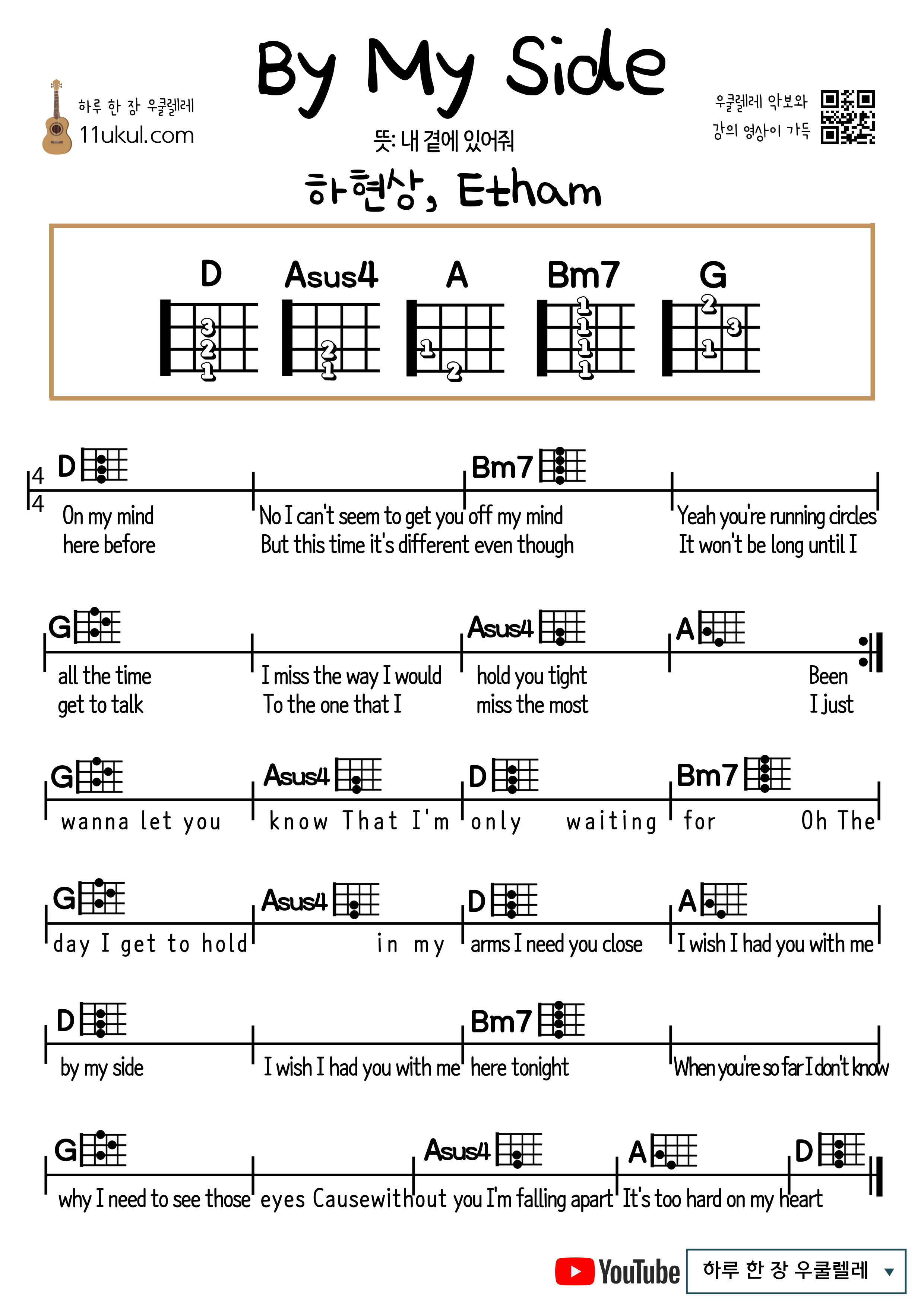 By My Side(Ha Hyun-sang, Etham) 바이 마이 사이드(하현상, 에덤) 우쿨렐레 쉬운 코드 악보 Ukulele easy chord sheet music