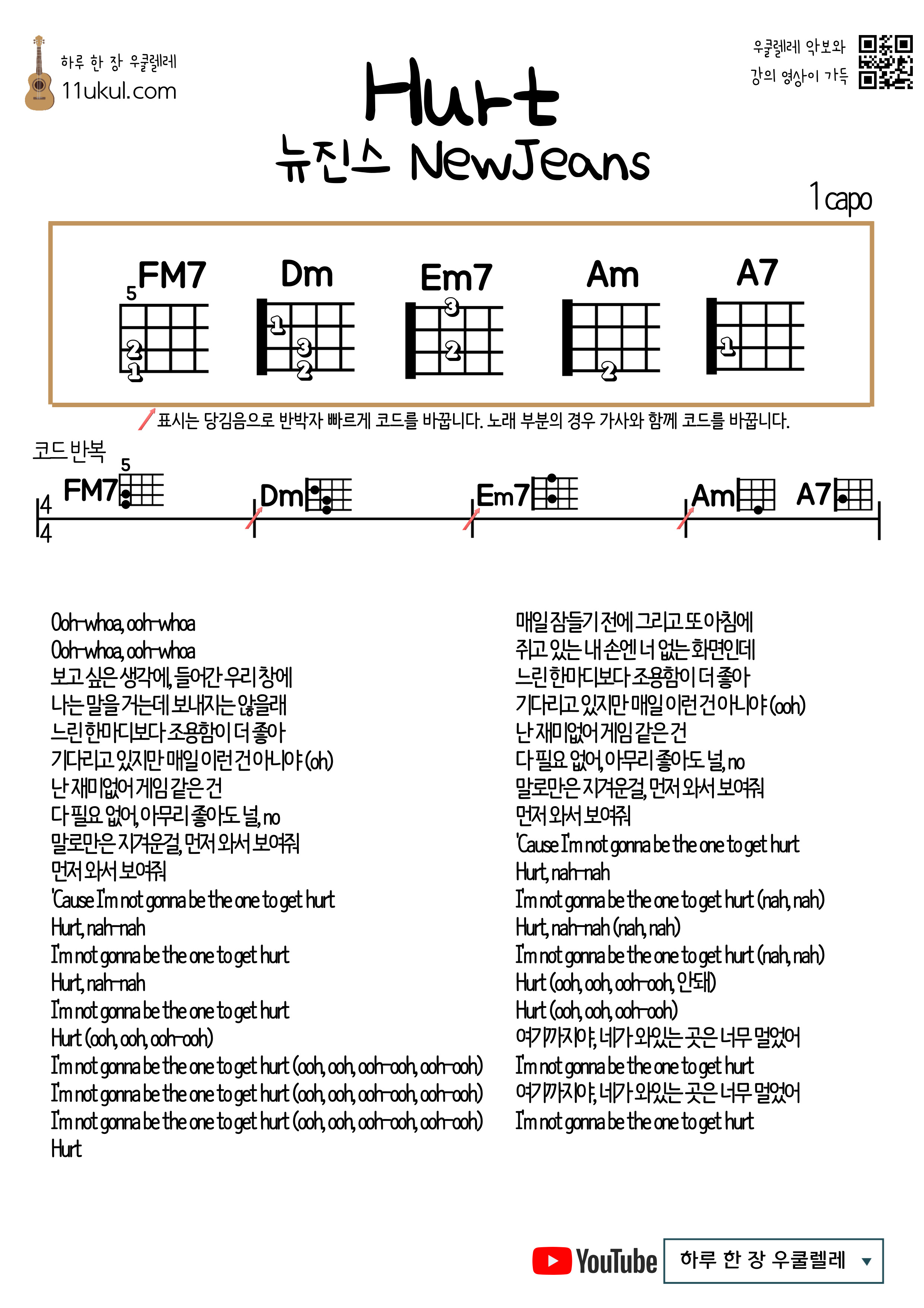 허트(뉴진스) Hurt(NewJeans) 우쿨렐레 쉬운 코드 악보 Ukulele easy chord sheet music