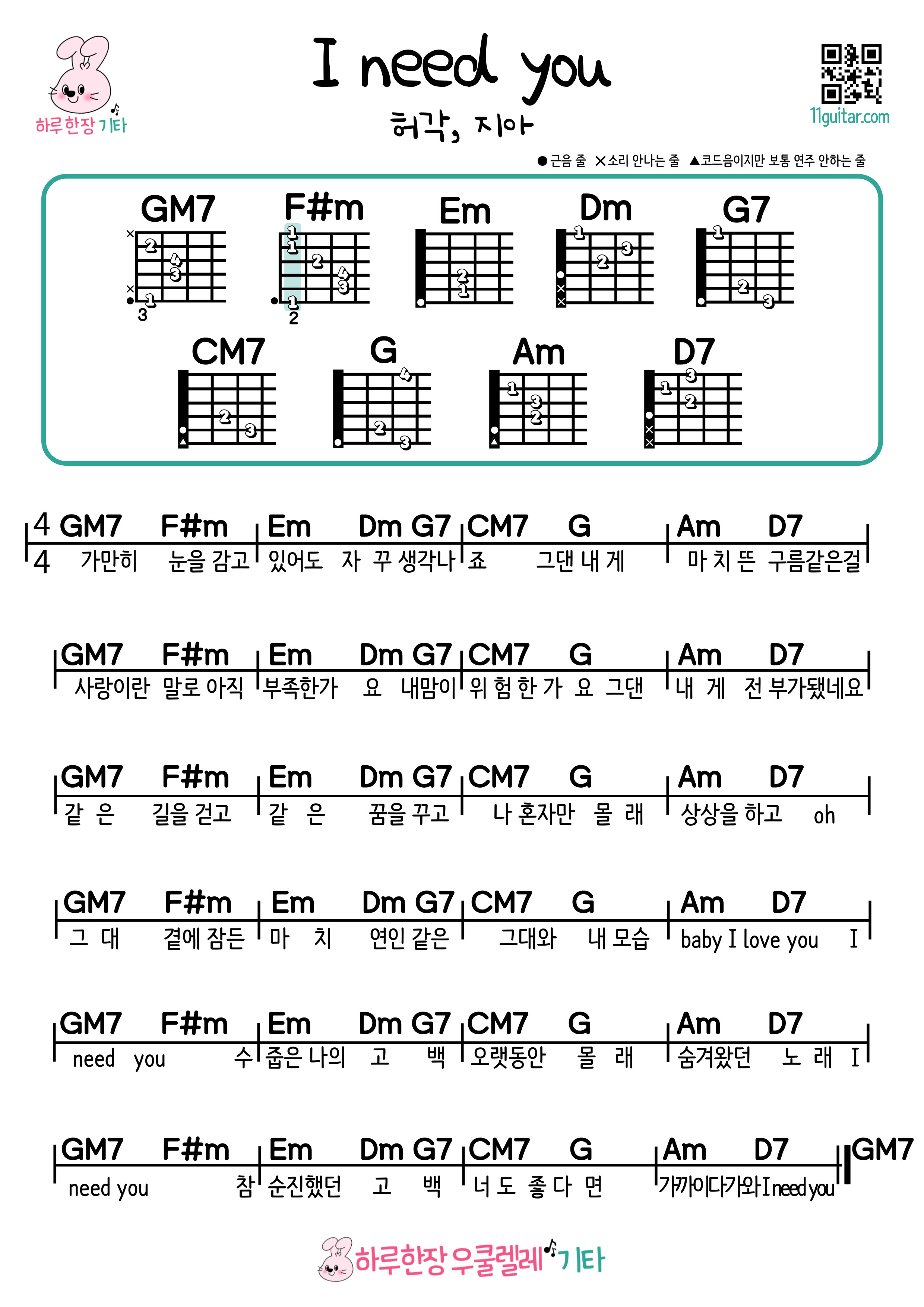 I Need You(허각, 지아) 기타 초보 쉬운곡 코드 악보 I Need You (Huh Gak, Jia) Guitar Beginner Easy Song Chords Sheet Music