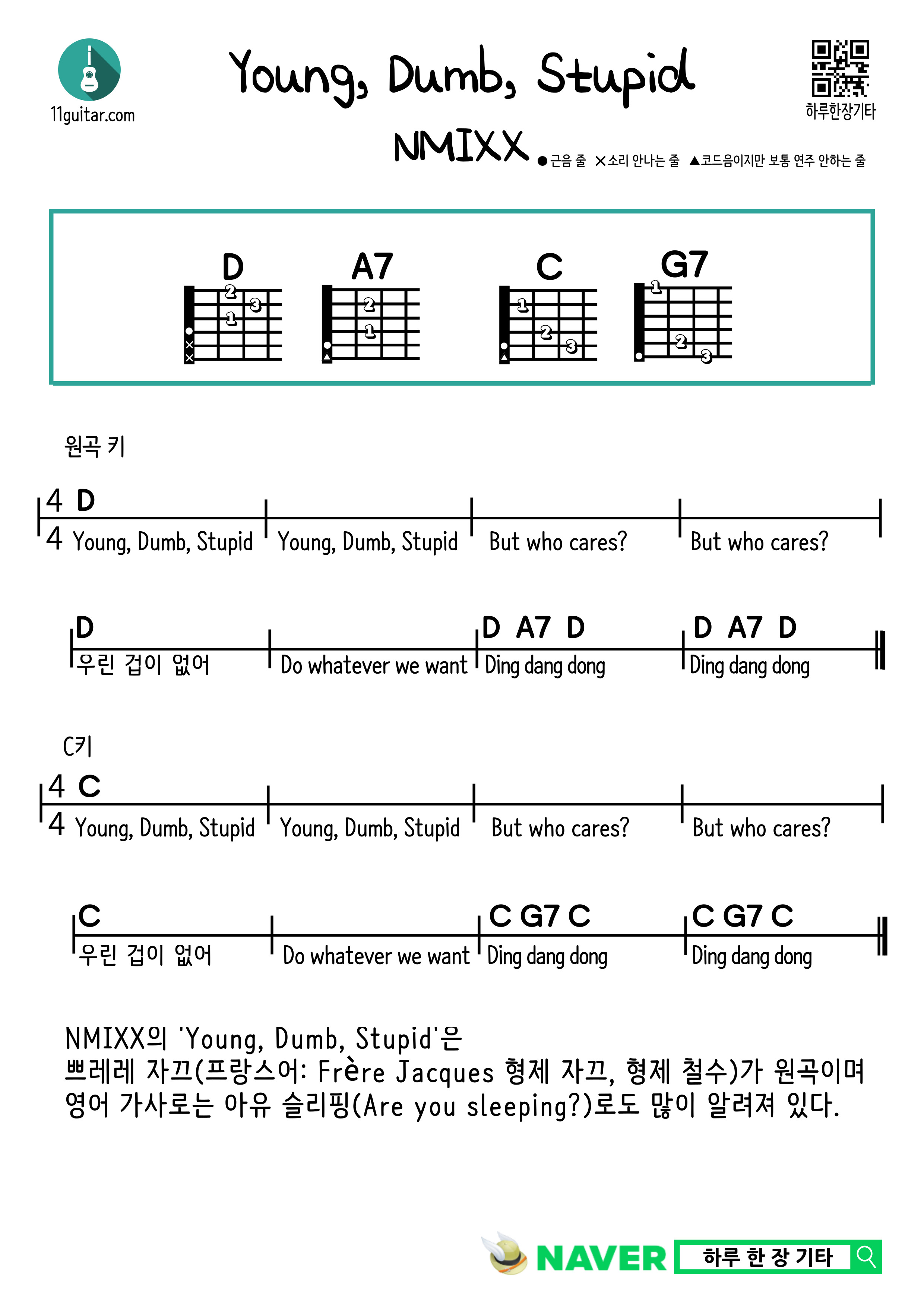 Young, Dumb, Stupid(NMIXX) 영 덤 스투피드(엔믹스) 기타 쉬운 코드 악보 Guitar easy chord sheet music