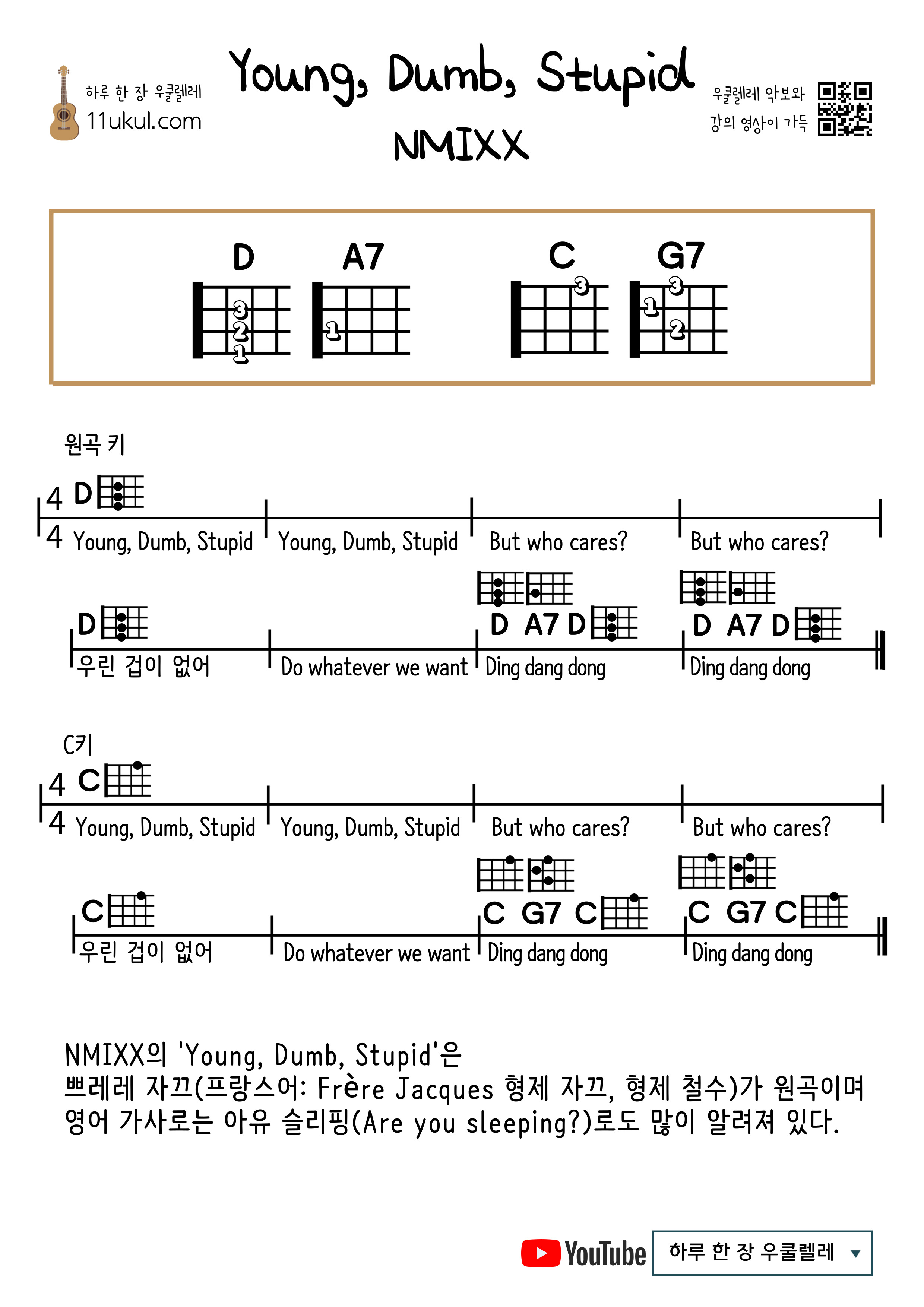 Young, Dumb, Stupid(NMIXX) 영 덤 스투피드(엔믹스) 우쿨렐레 쉬운 코드 악보 Ukulele easy chord sheet music